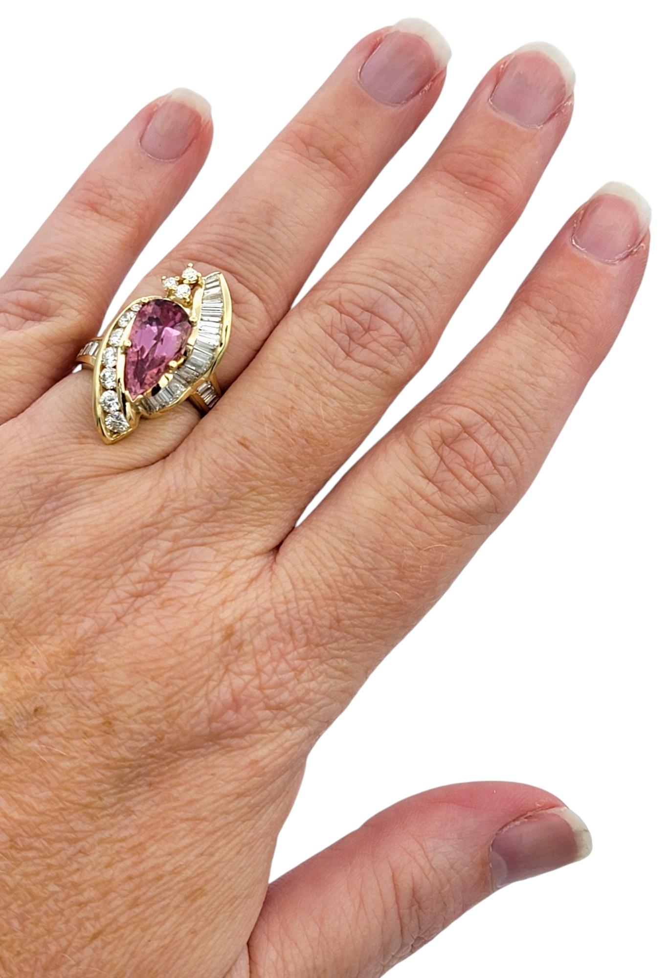 Pear Cut Imperial Pink Topaz and Diamond Cocktail Ring in 14 Karat Yellow Gold For Sale 4