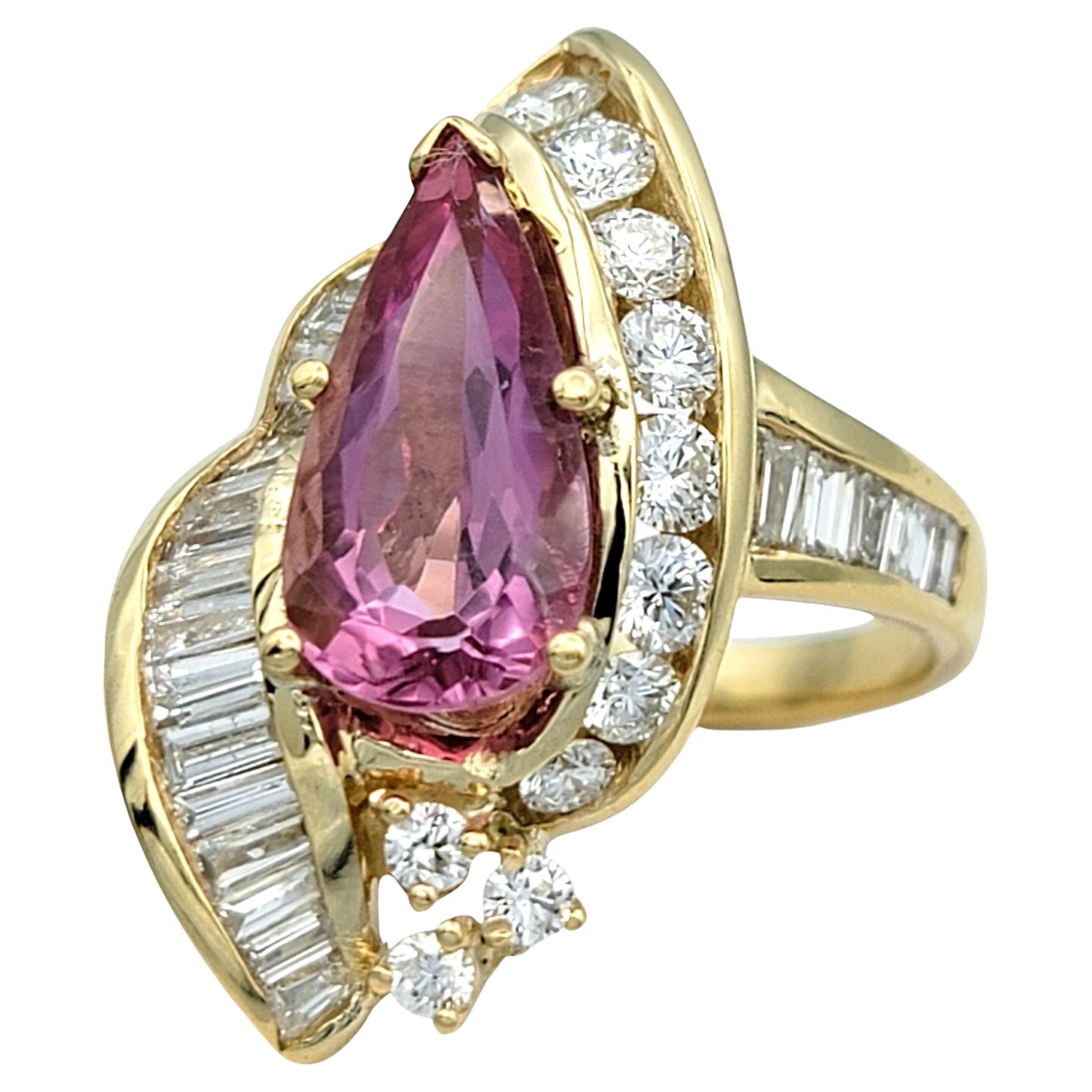 Pear Cut Imperial Pink Topaz and Diamond Cocktail Ring in 14 Karat Yellow Gold