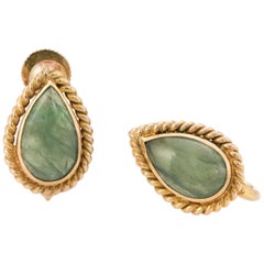 Pear Cut Jade Earrings 14 Karat Yellow Gold Fine Jewelry Screw Back