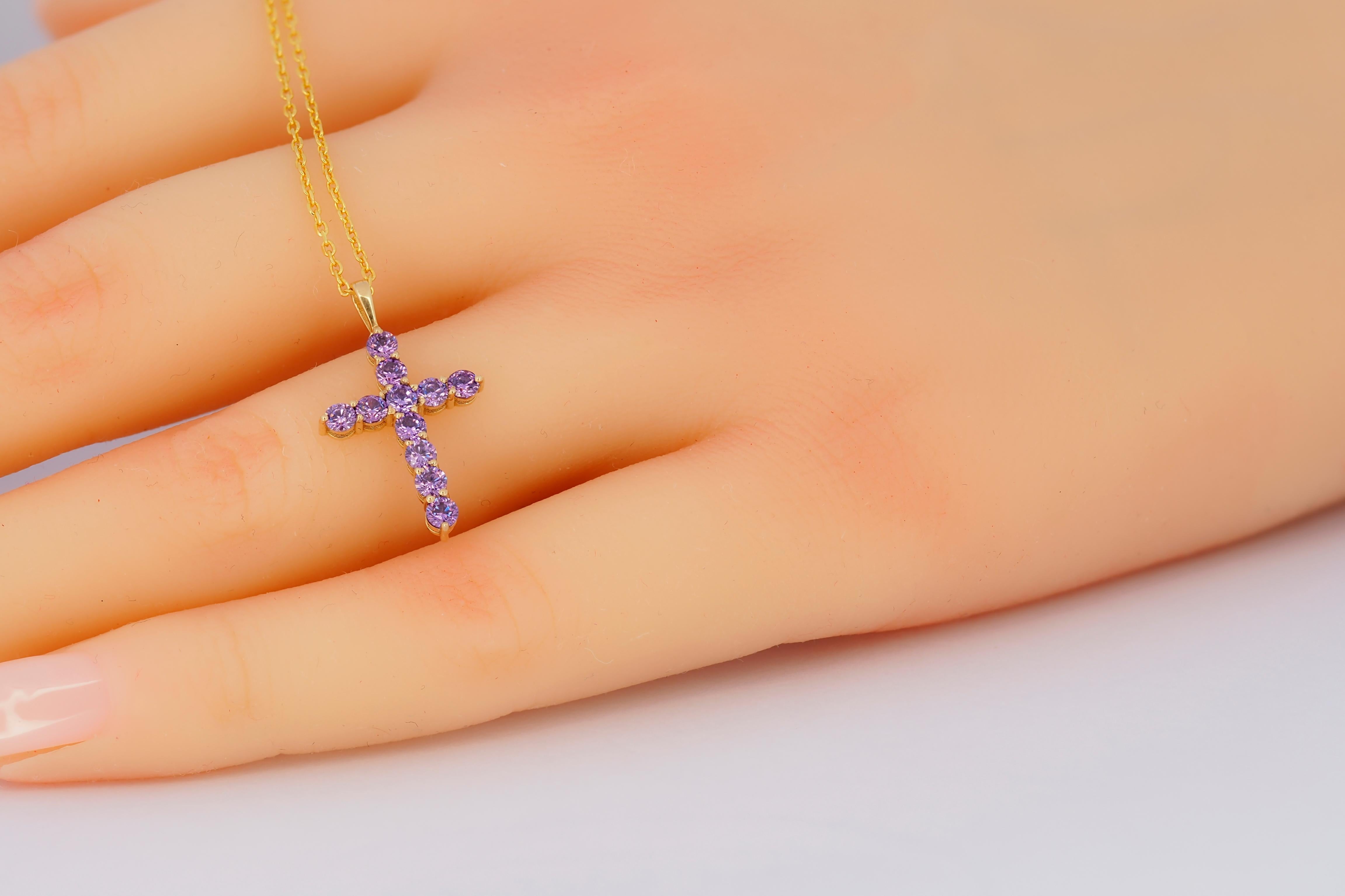 Lavender gemstone 14k gold cross pendant. Amethyst Cross Pendant. Gold cross pendant. 14k solid Gold cross pendant amethyst. Religious Cross Necklace pendant. Simple everyday cross.

Selling pendant only no chain. If you need chain let us know.