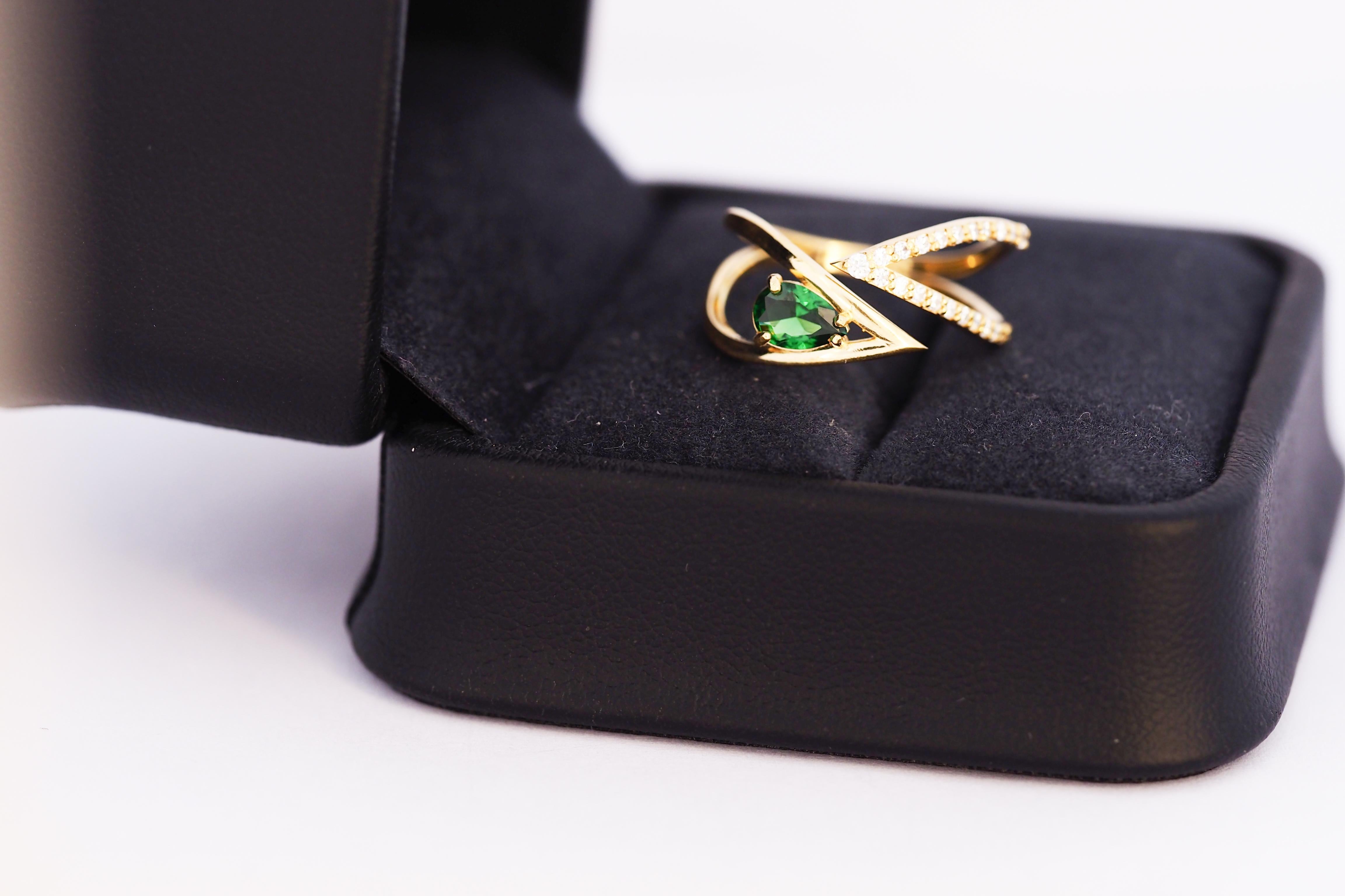 For Sale:  Pear cut lab emerald adjustable 14k gold ring 3