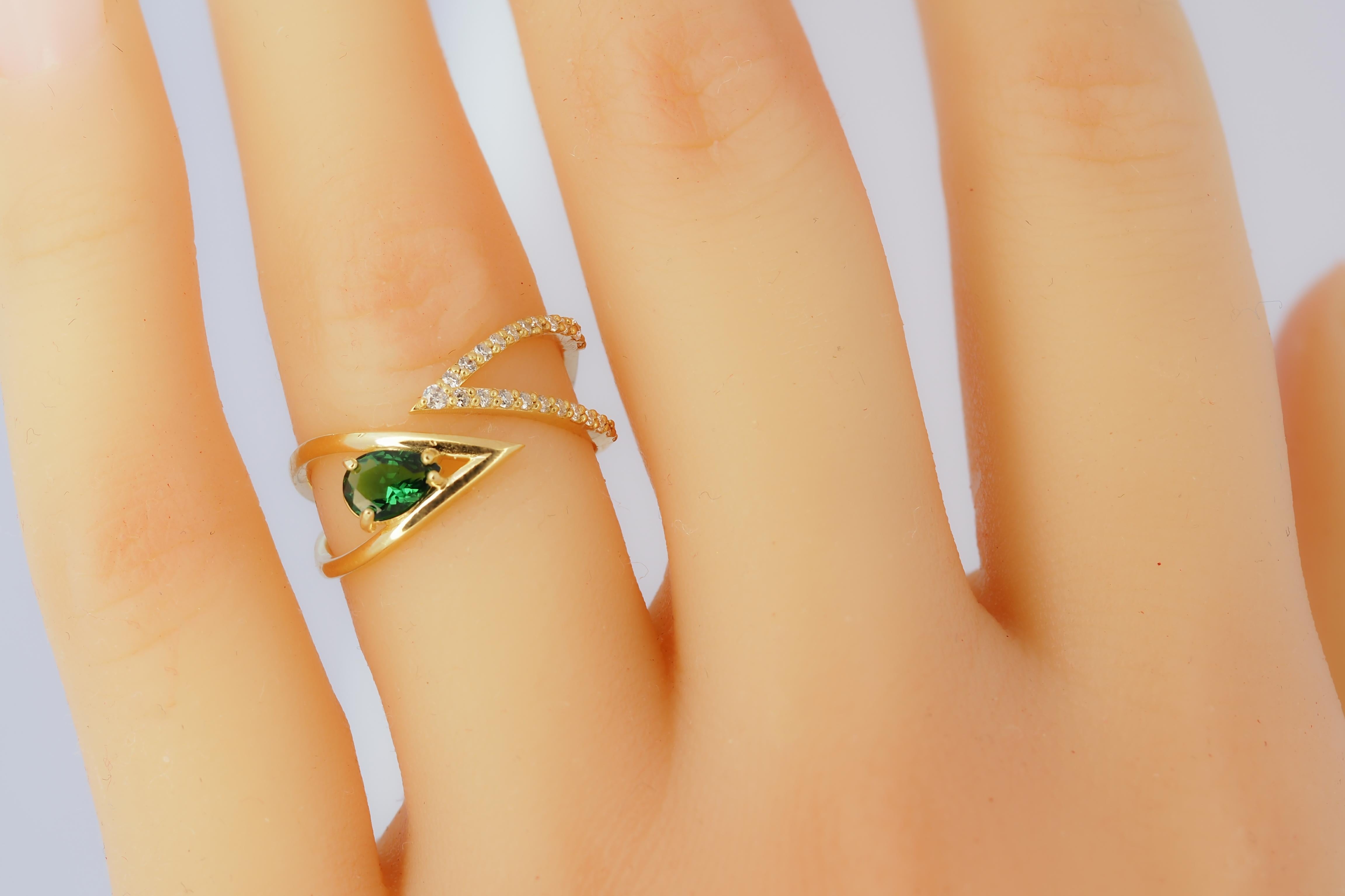 For Sale:  Pear cut lab emerald adjustable 14k gold ring 4