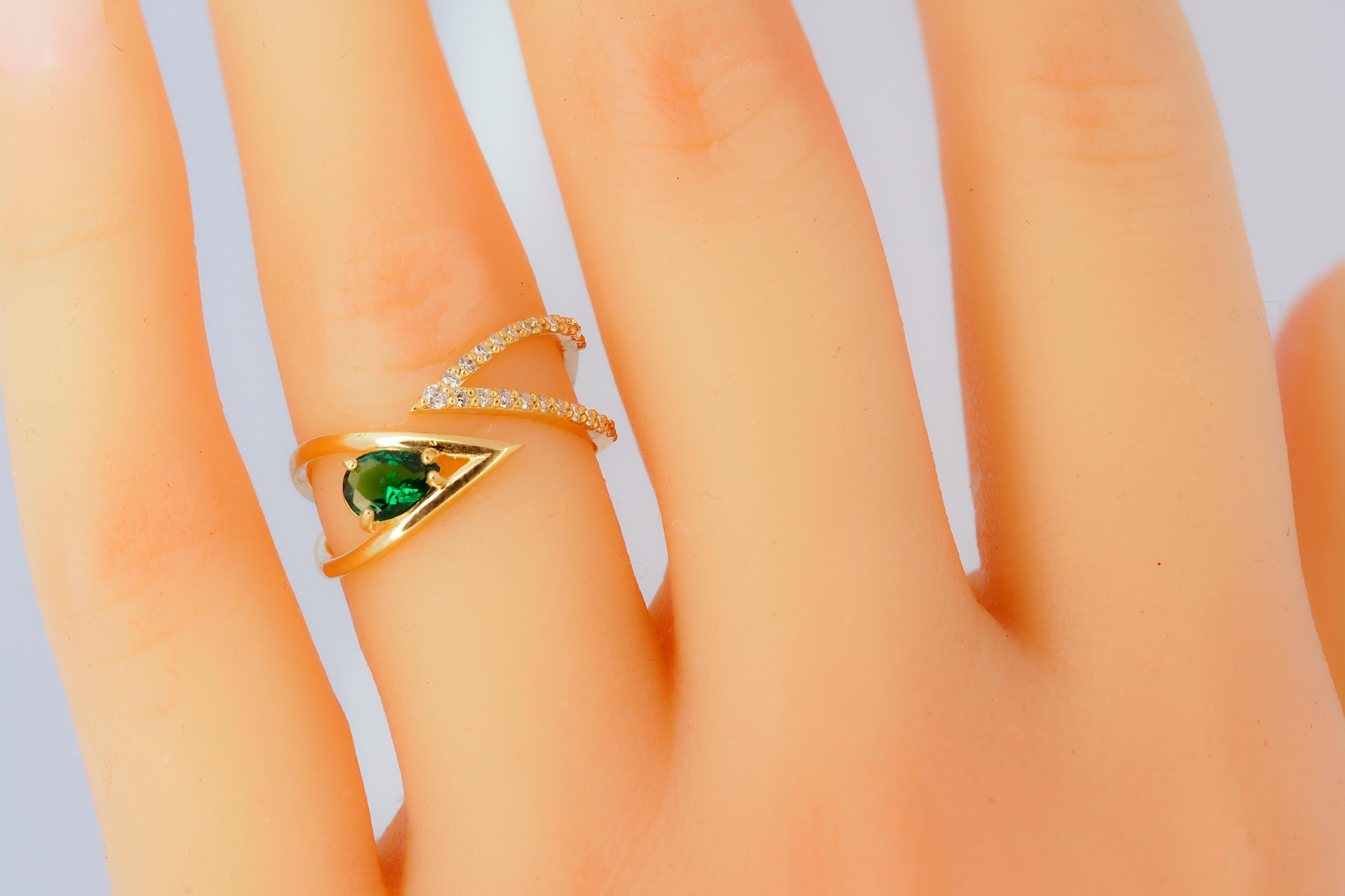For Sale:  Pear cut lab emerald adjustable 14k gold ring. 5