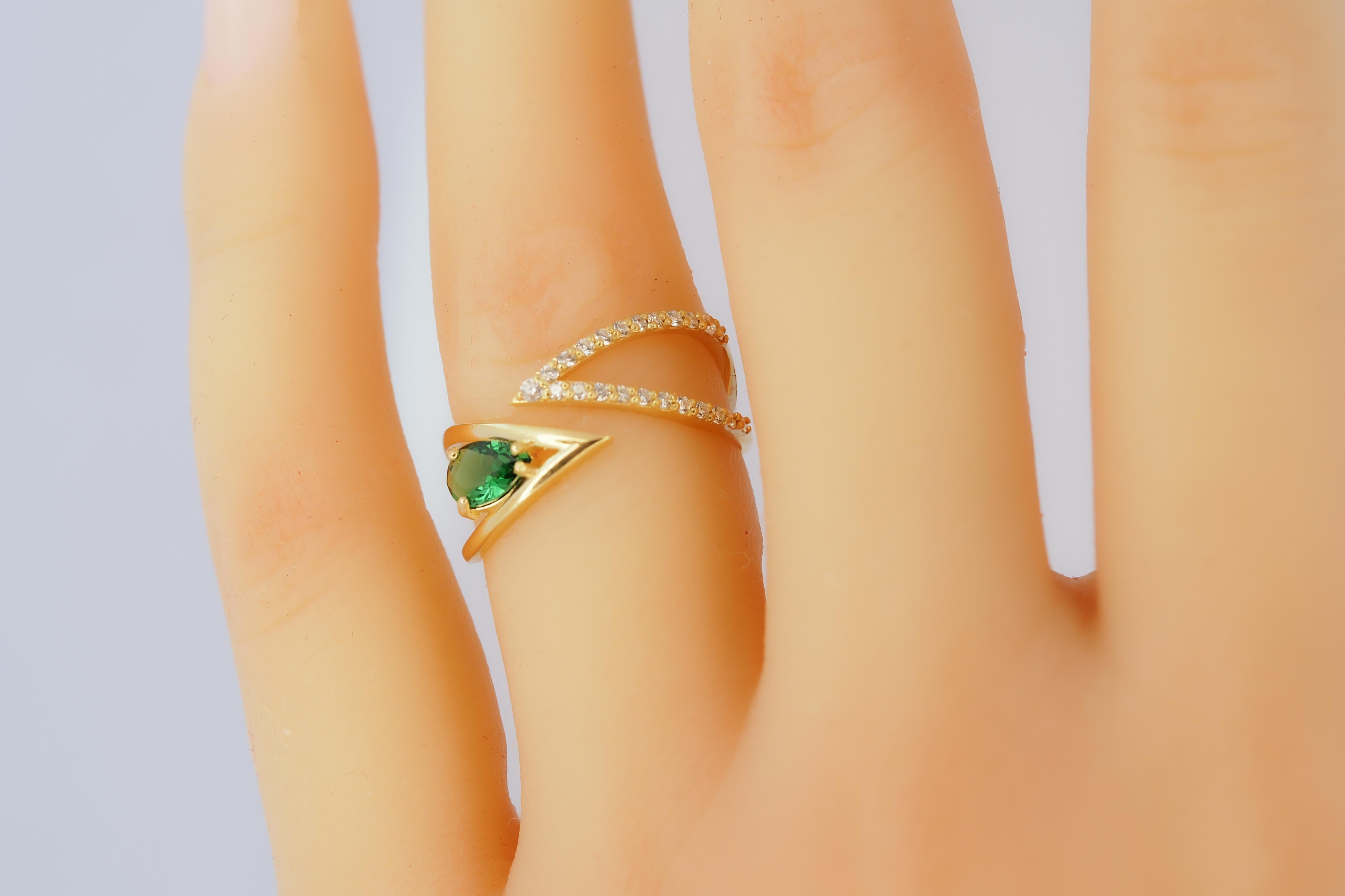 For Sale:  Pear cut lab emerald adjustable 14k gold ring 5