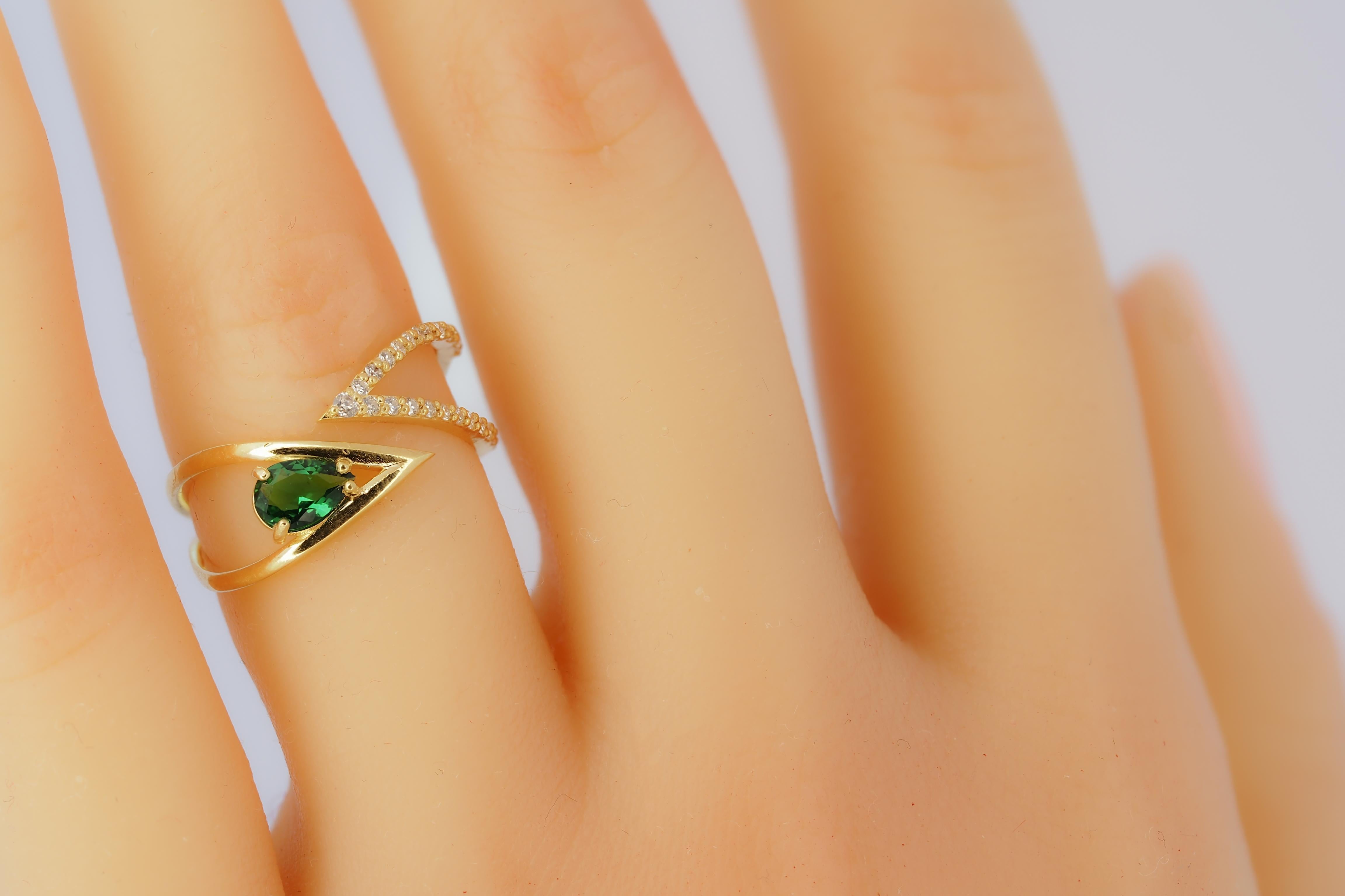 For Sale:  Pear cut lab emerald adjustable 14k gold ring 6