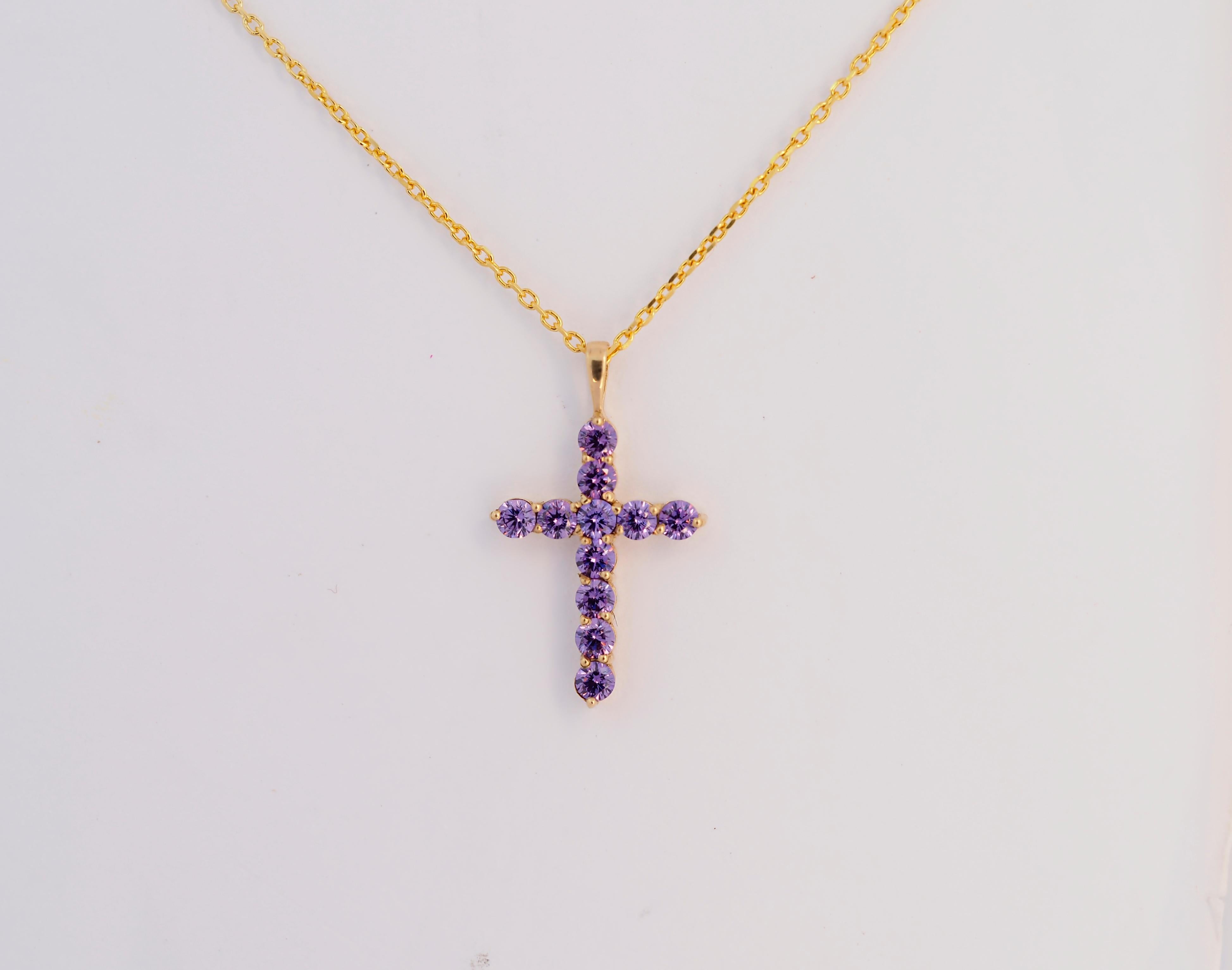 Lavender gemstone 14k gold cross pendant For Sale 1