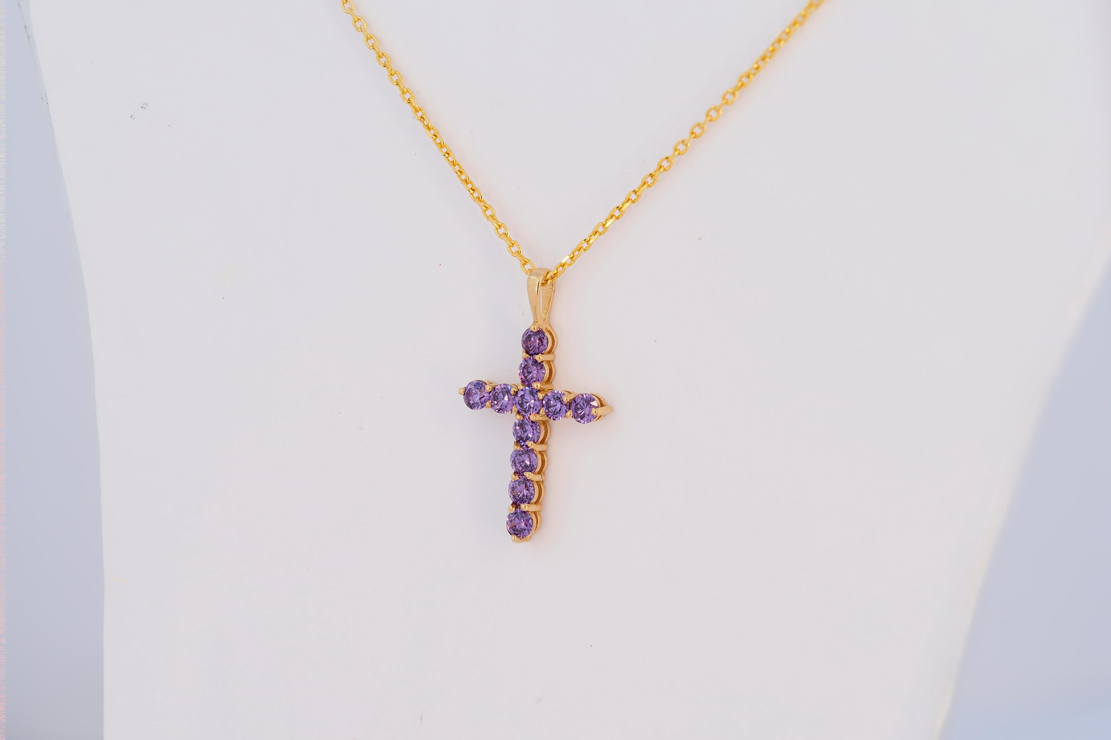 Lavendel Edelstein 14k Gold Kreuz-Anhänger im Angebot 2