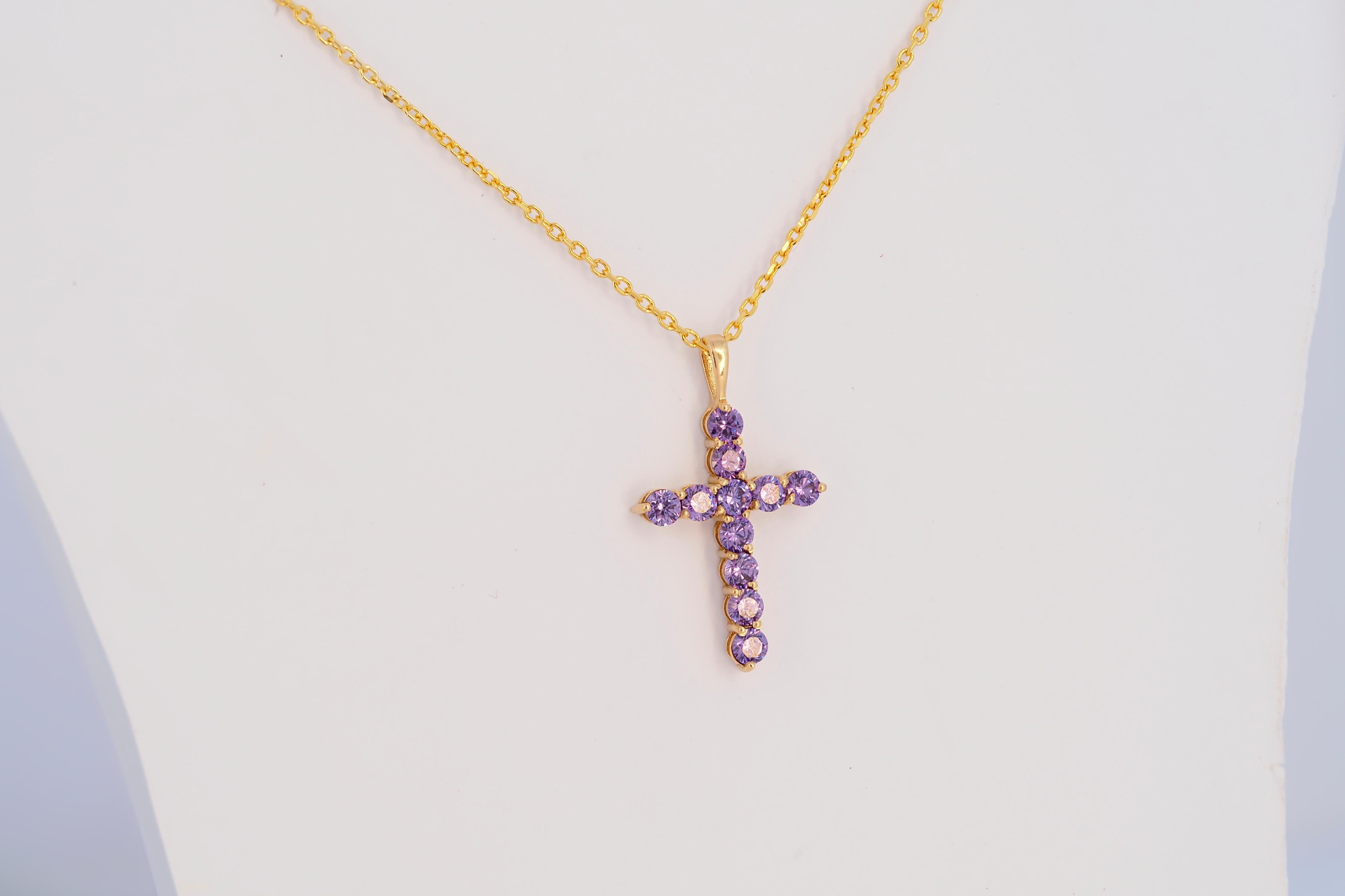 Lavendel Edelstein 14k Gold Kreuz-Anhänger im Angebot 3