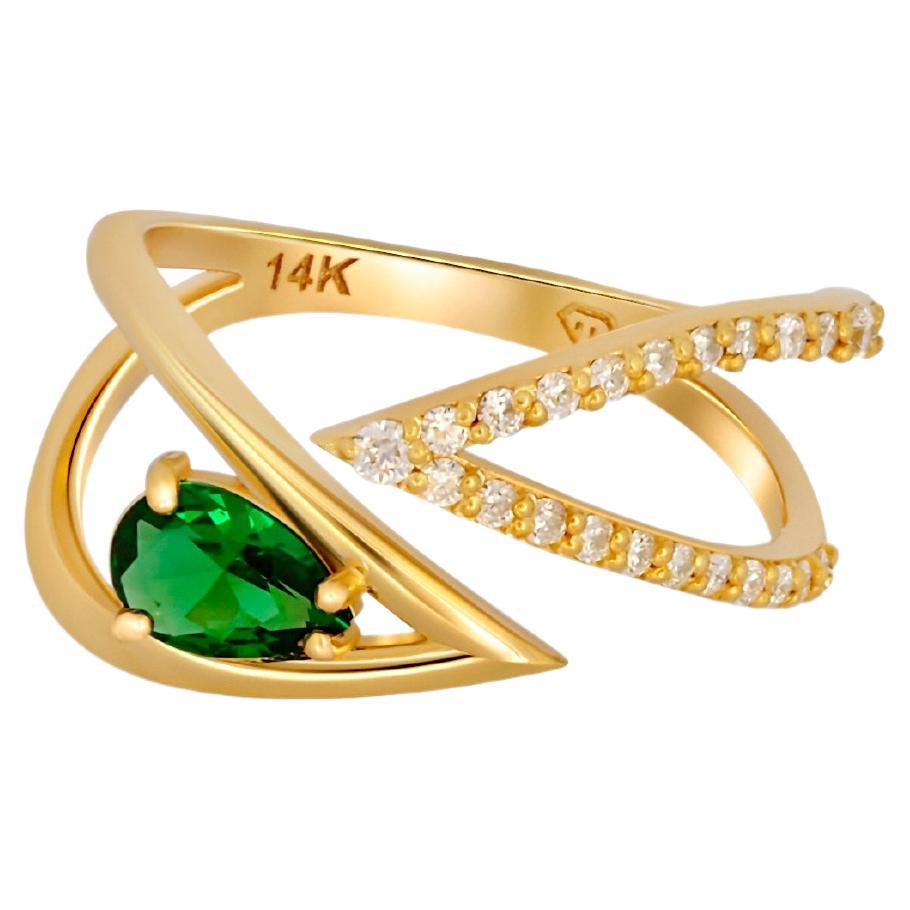 Pear cut lab emerald adjustable 14k gold ring For Sale