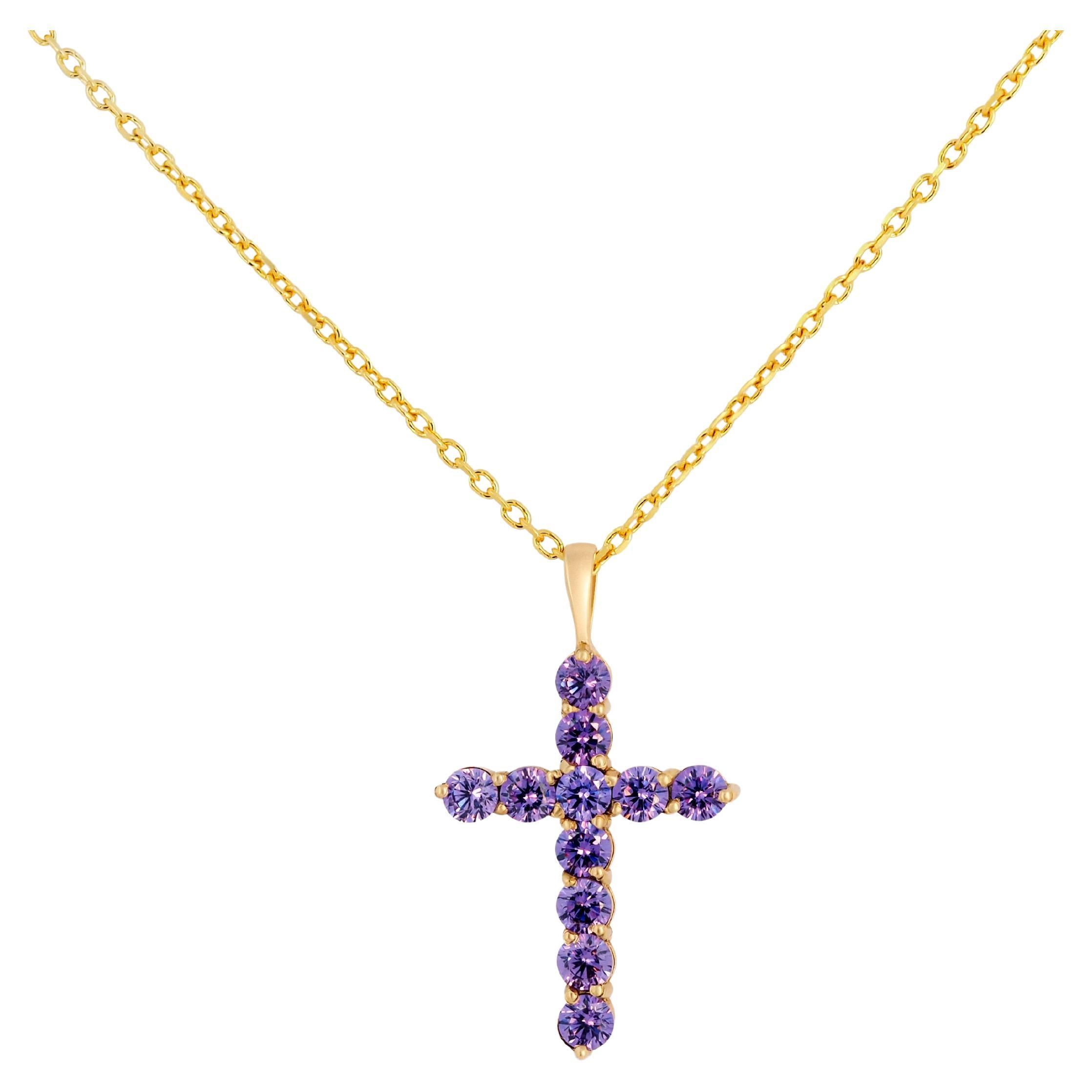 Lavender gemstone 14k gold cross pendant For Sale