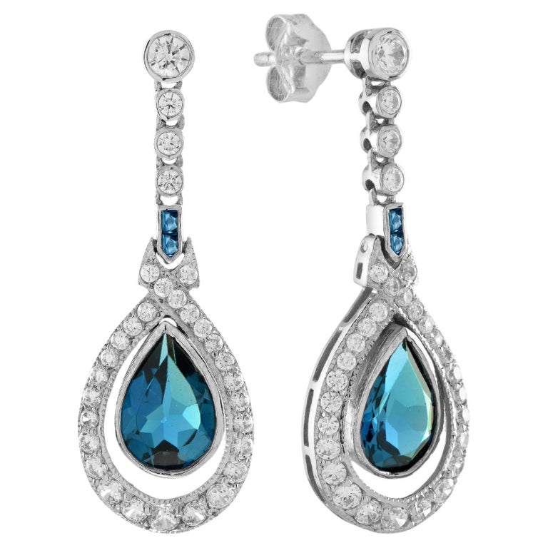 Pear Cut London Blue Topaz and Diamond Antique Style Drop 14K 