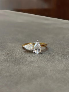 Pear Cut Moissanite Toi et Moi Ring, 18K Gold Plated Sterling Silver Engagement.