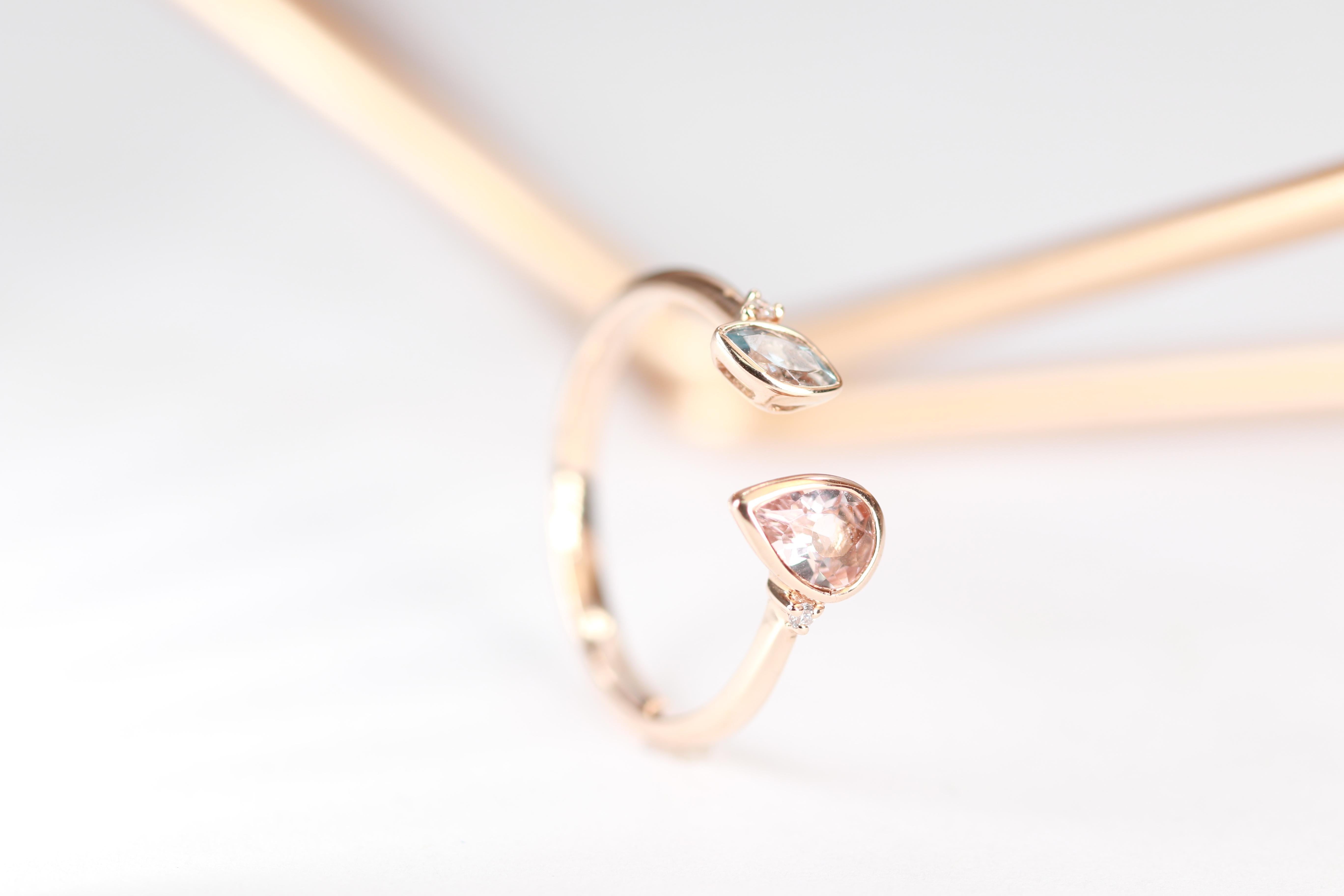 Art Deco Pear-Cut Morganite Marquise-Cut Aquamarine Round-Cut Diamond 14k Rose Gold Ring For Sale