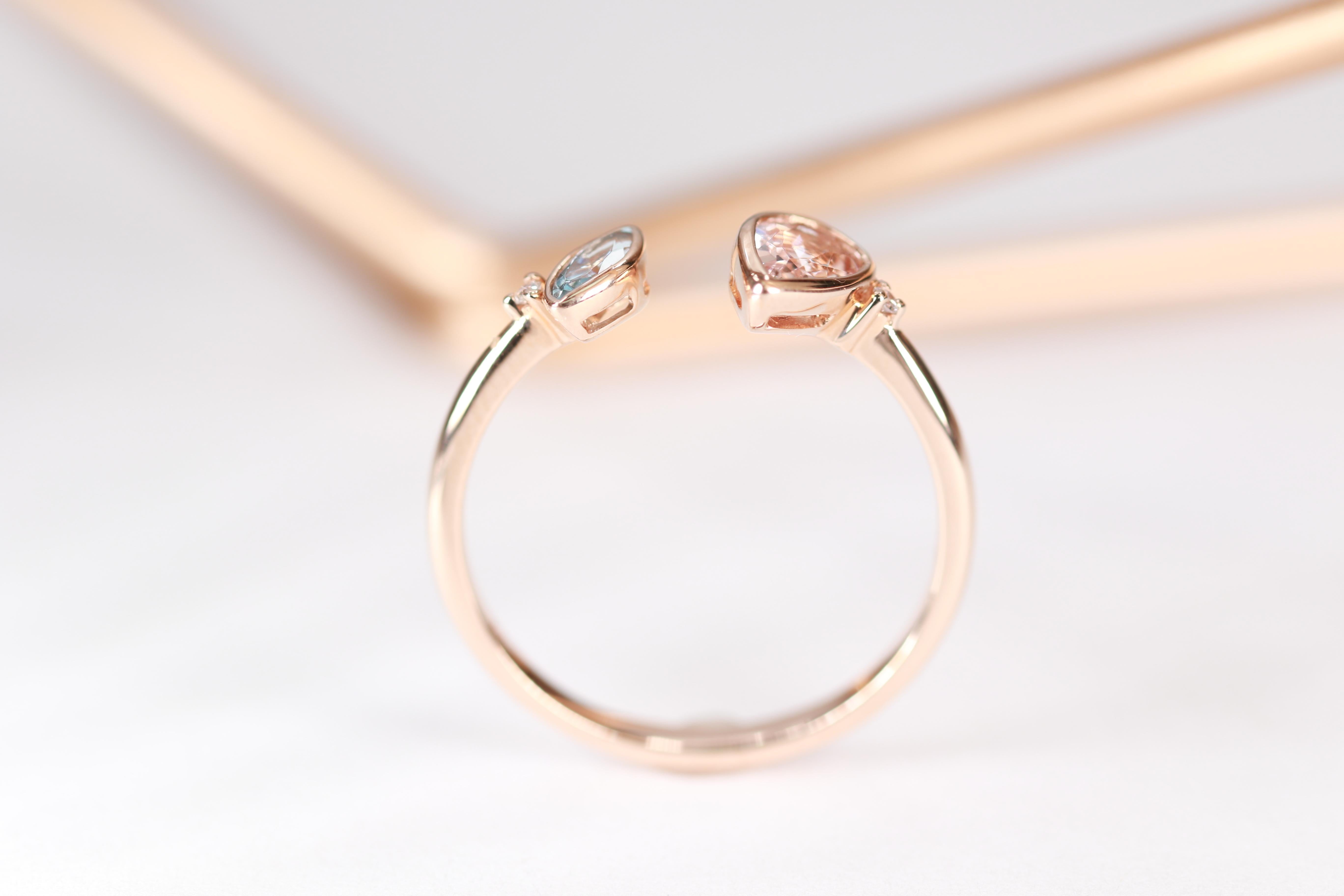 Pear-Cut Morganite Marquise-Cut Aquamarine Round-Cut Diamond 14k Rose Gold Ring In New Condition For Sale In New York, NY