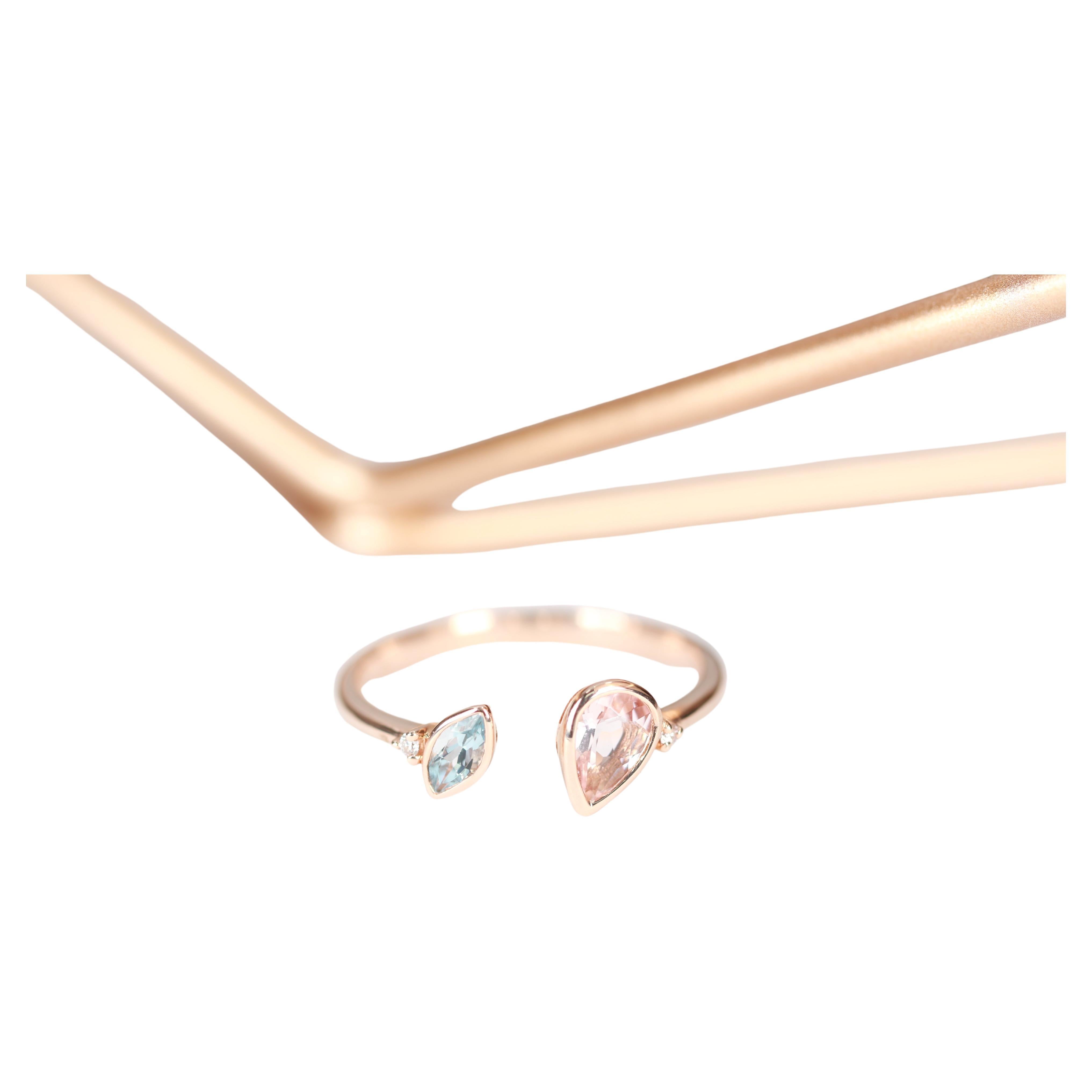 Pear-Cut Morganite Marquise-Cut Aquamarine Round-Cut Diamond 14k Rose Gold Ring For Sale