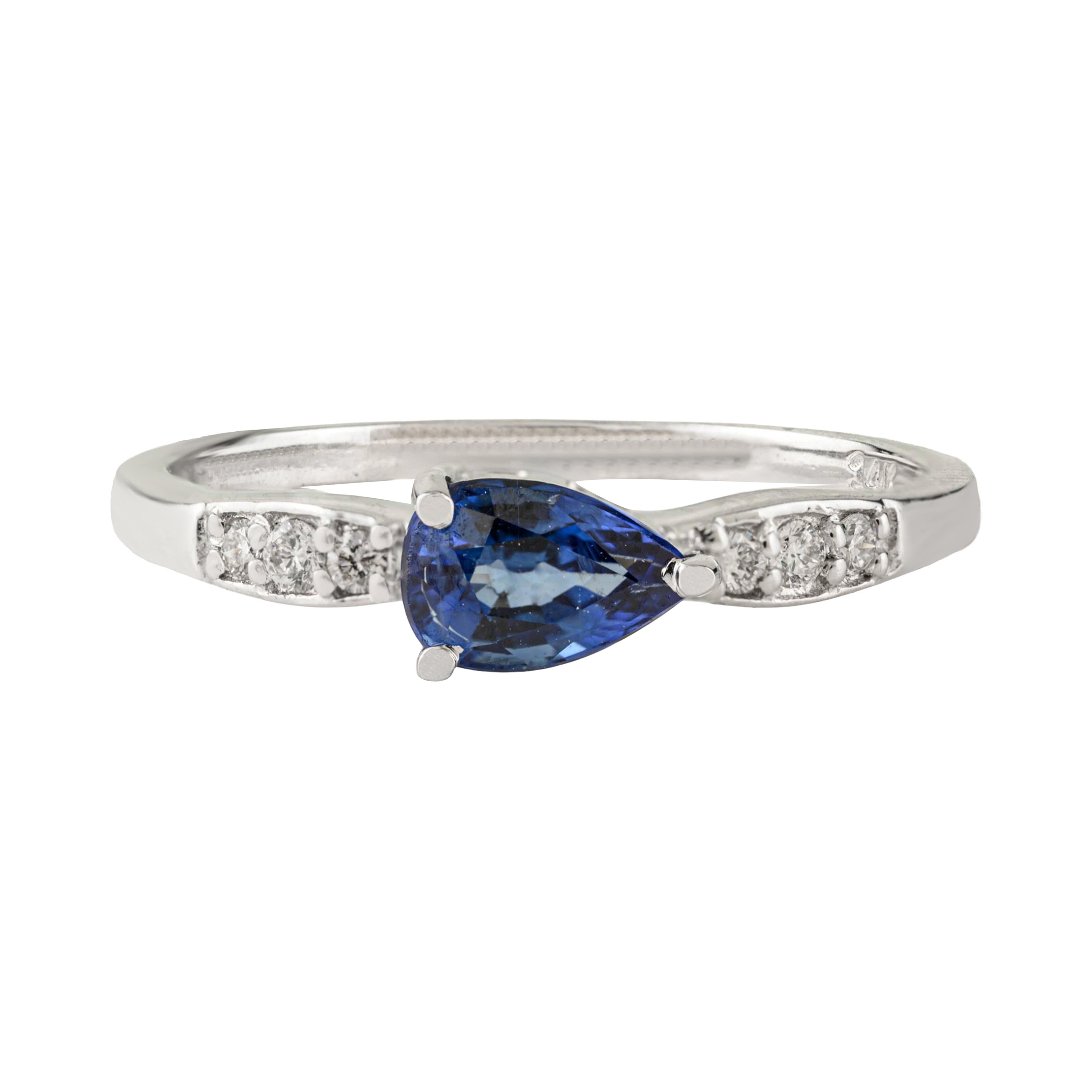 Pear Cut Natural Blue Sapphire and Diamond East West Ring in 14K White Gold