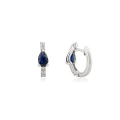 Pear Cut Natural Blue Sapphire 
Diamond Hoop Earrings in 14K White Gold