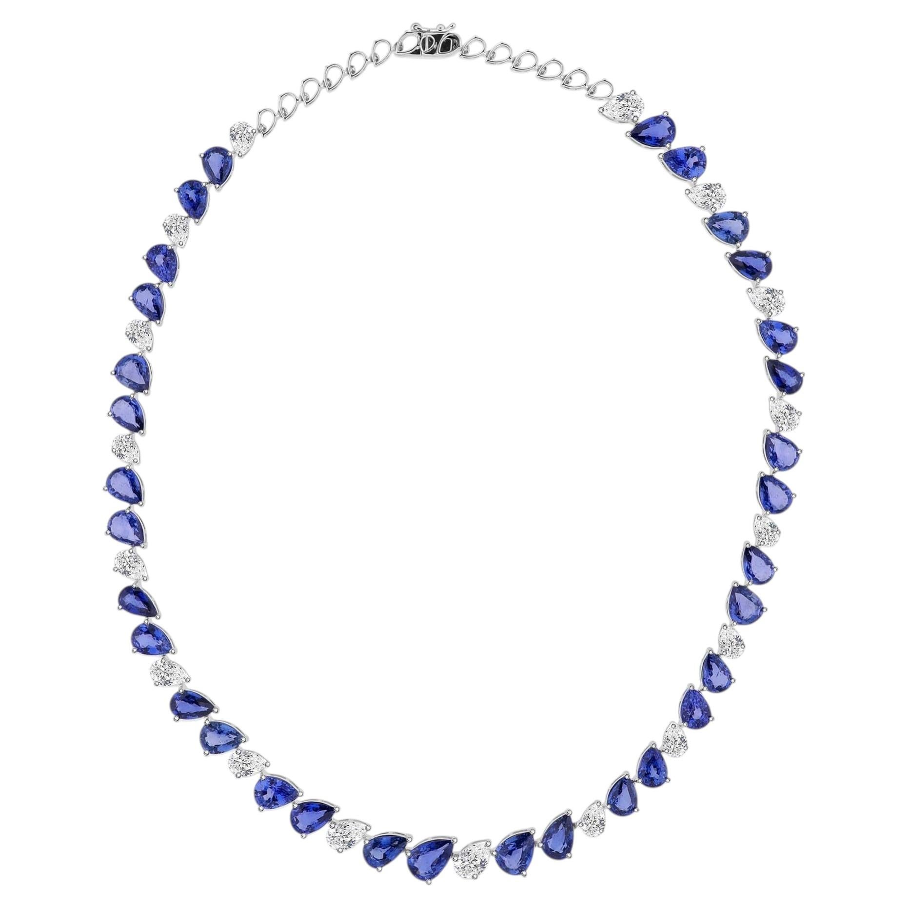 HRD Certified 42.2 Ct Blue Sapphire & Ct 8.1 Diamond Necklace 18K White Gold
