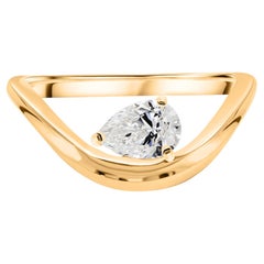 Pear Cut Natural Diamond Chevron Curved Floating Solitaire Ring 18K Yellow Gold