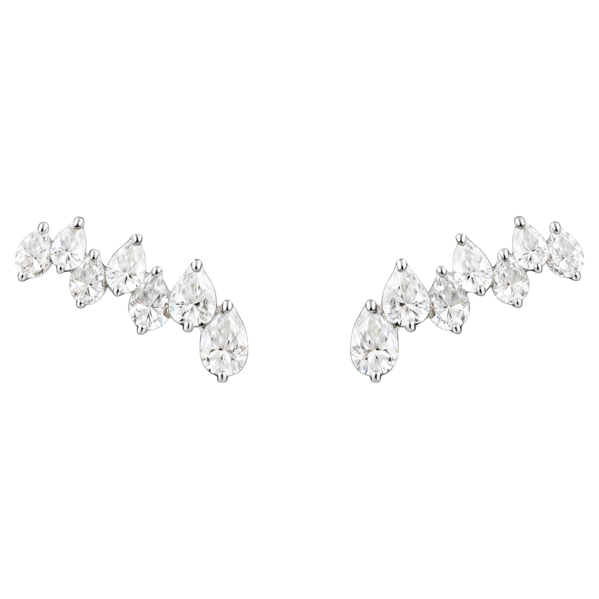 Natural Diamond Ear Climber Stud Earrings 0.70 Carats Pear Cut 18K White Gold
