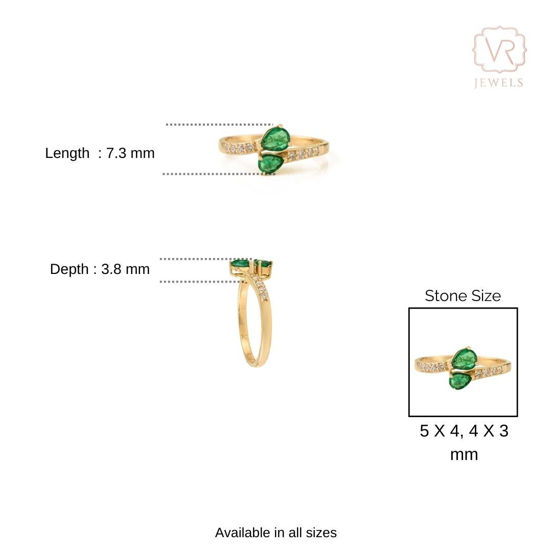 En vente :  Bague bypass en or jaune 14 carats, émeraude naturelle taille poire et diamant Bijoux fins 10