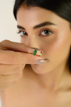 Pear Cut Natural Emerald and Diamond Bypass Ring in 14K Yellow Gold Fine Jewelry