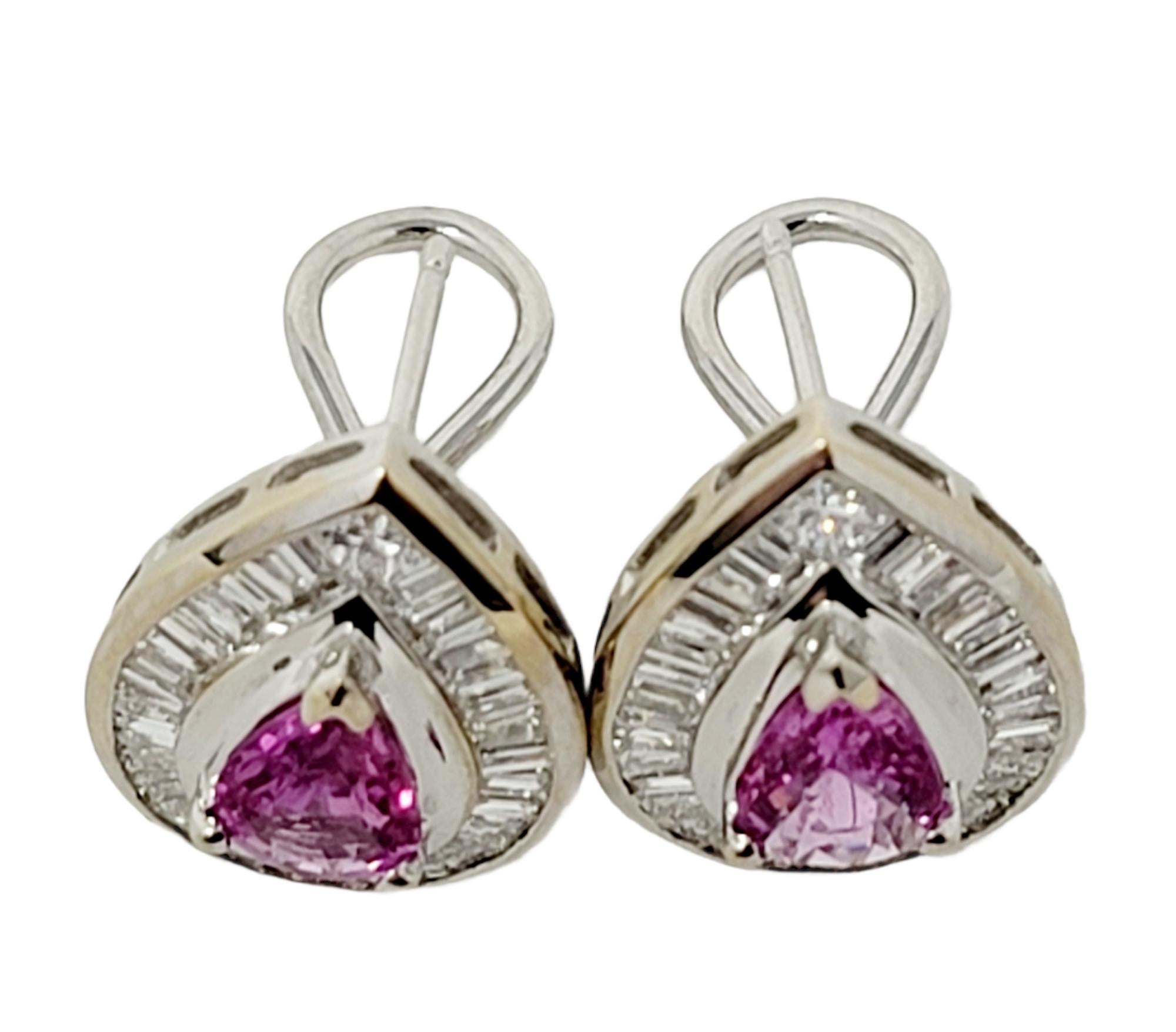 Contemporary Pear Cut Natural Pink Sapphire and Baguette Diamond Halo Stud Pierced Earrings For Sale