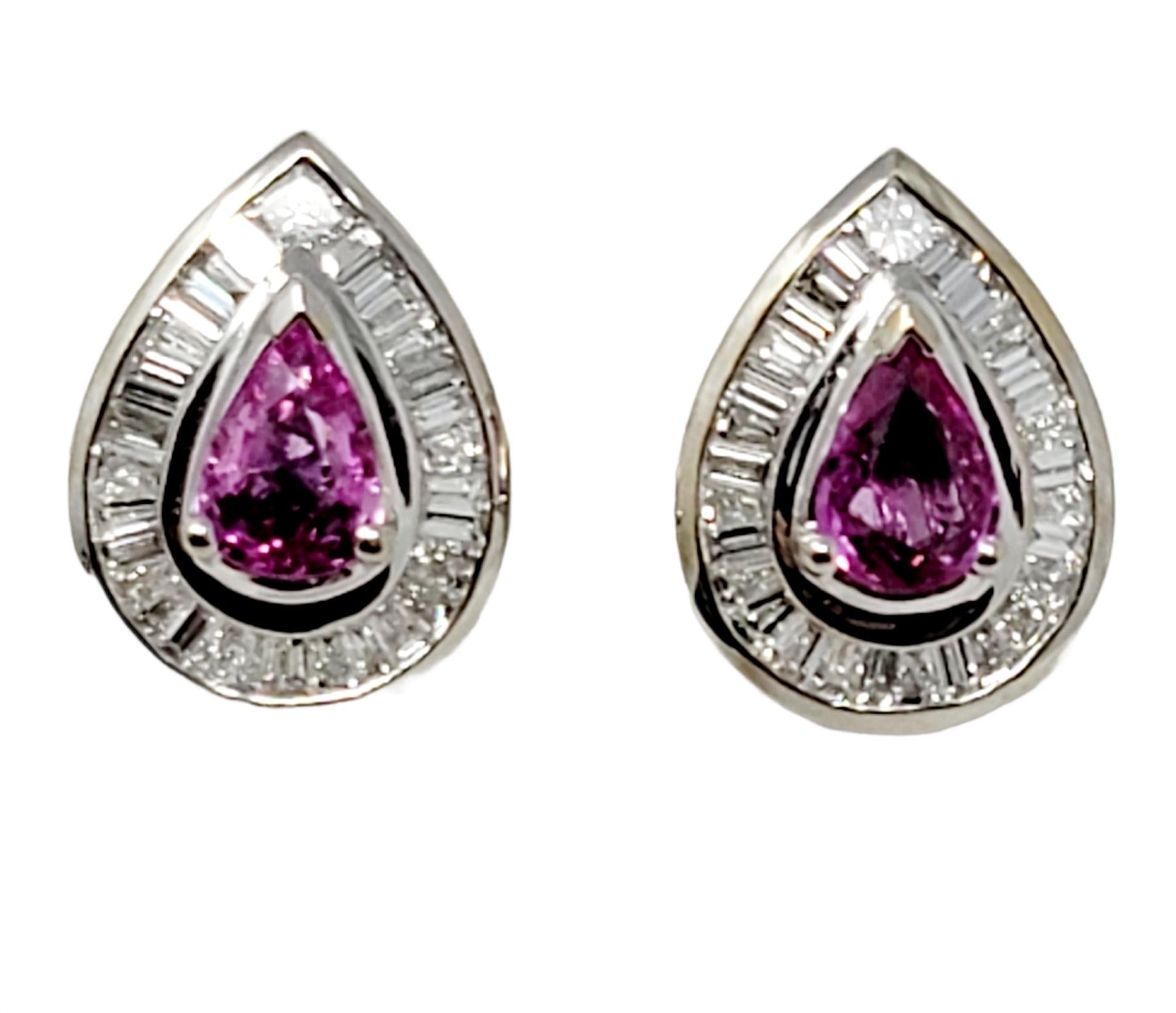Pear Cut Natural Pink Sapphire and Baguette Diamond Halo Stud Pierced Earrings In Good Condition For Sale In Scottsdale, AZ