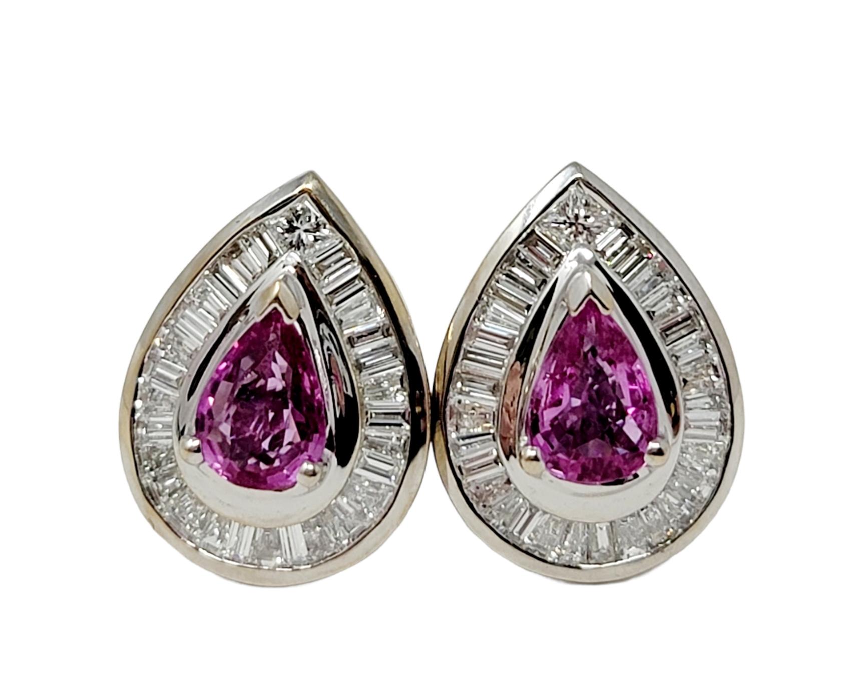 Pear Cut Natural Pink Sapphire and Baguette Diamond Halo Stud Pierced Earrings For Sale 1
