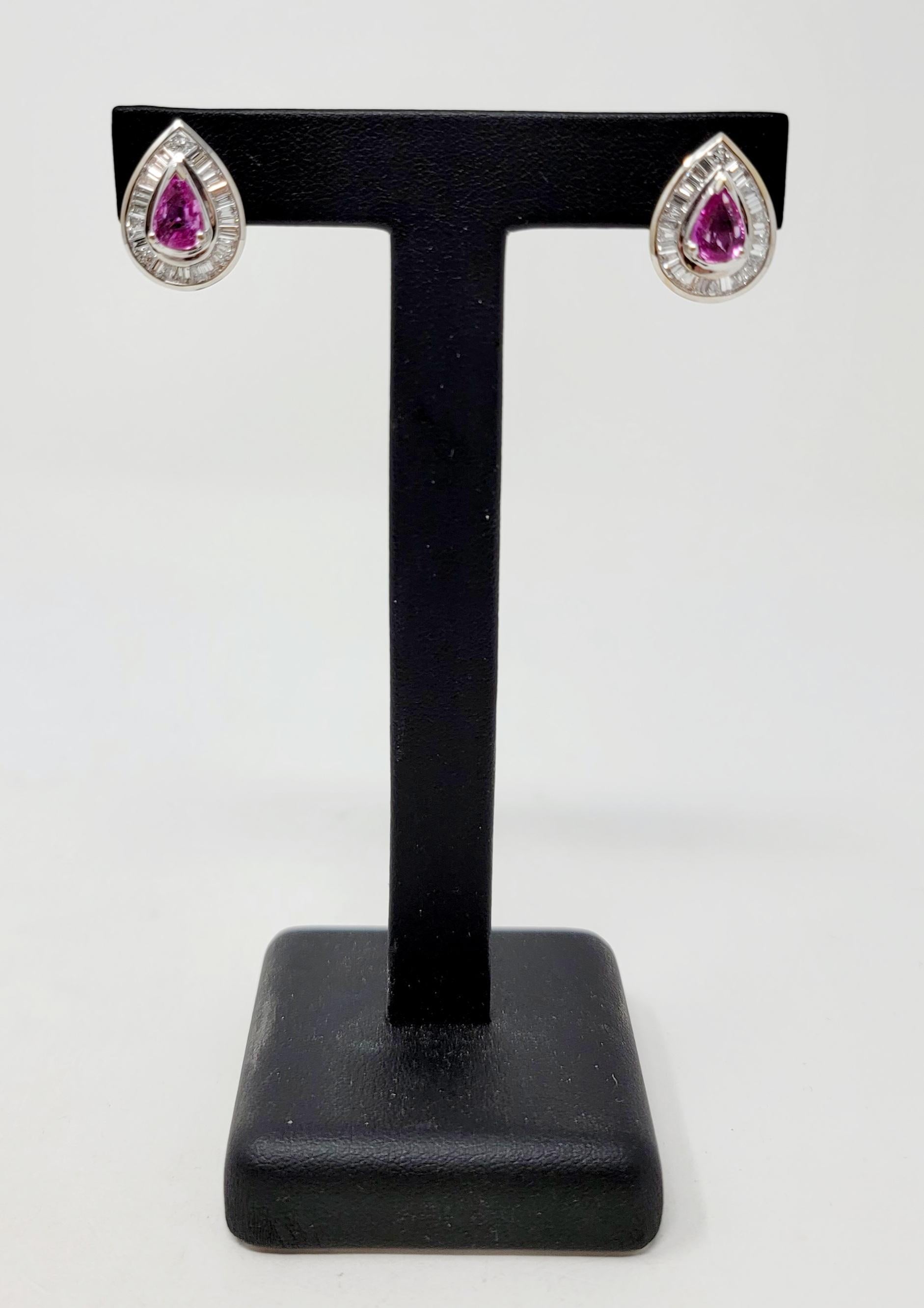 Pear Cut Natural Pink Sapphire and Baguette Diamond Halo Stud Pierced Earrings For Sale 2