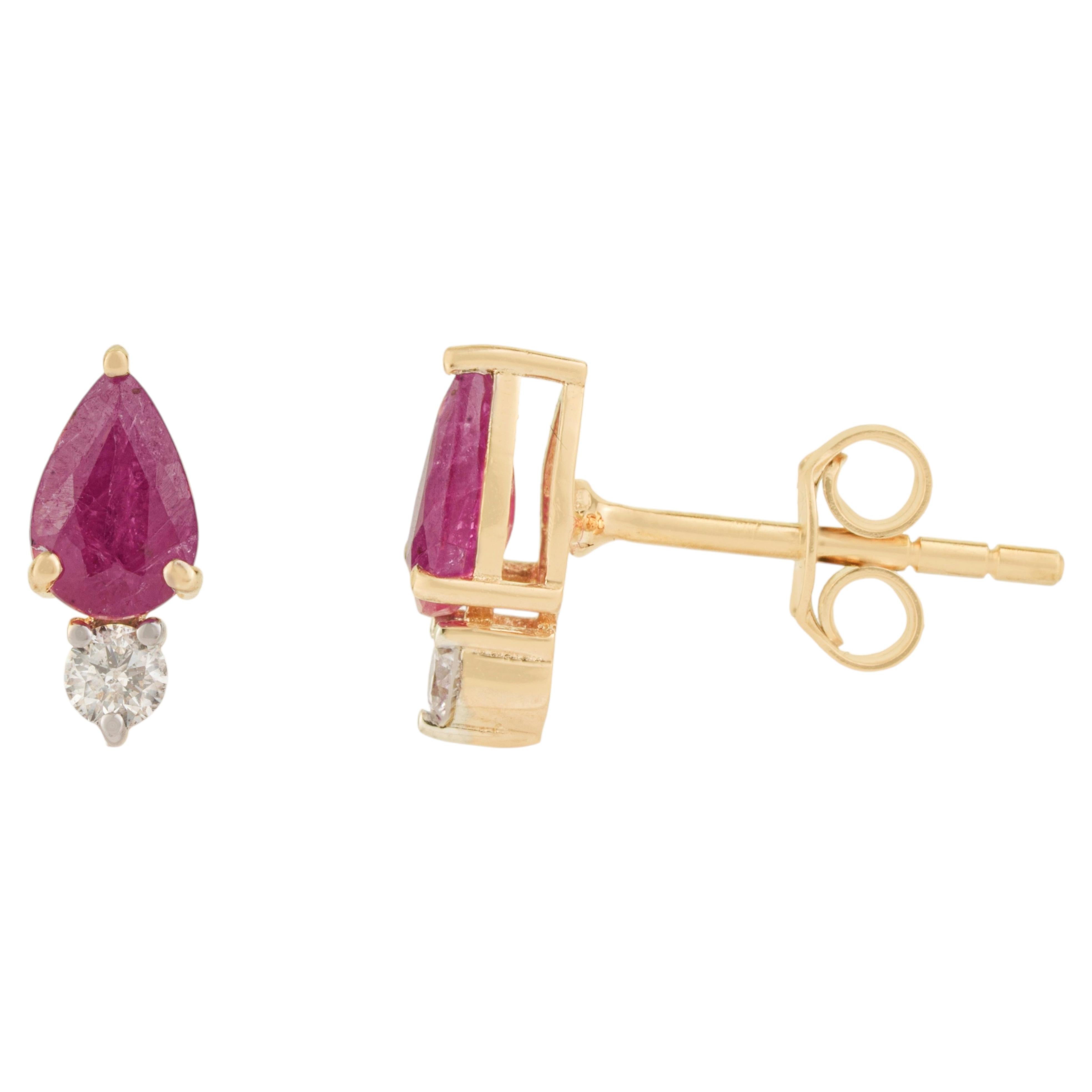 Pear Cut Natural Ruby & Diamond Toi et Moi Stud Earrings 1ct in 14K Yellow Gold