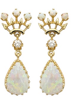 Pear Cut Opal Crown Motif Drop Earrings with Diamonds in 14 Karat White Gold