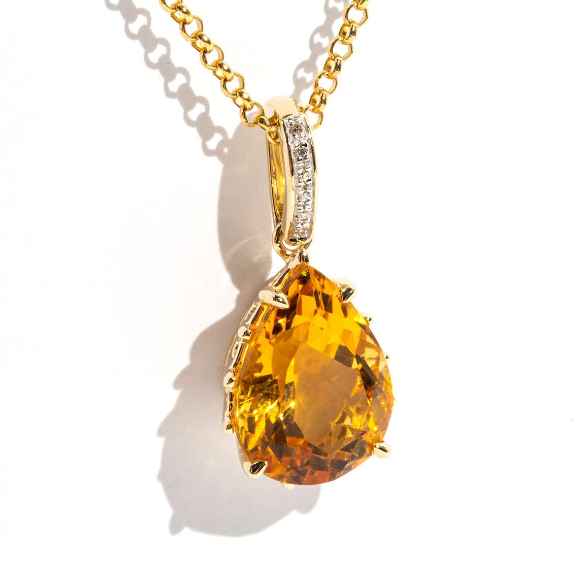 Pear Cut Orange Citrine and Diamond 9 Carat Yellow Gold Pendant with Gold Chain In Good Condition In Hamilton, AU