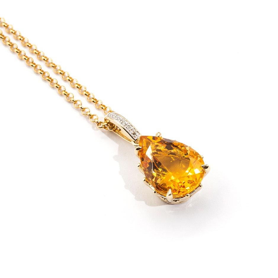Women's Pear Cut Orange Citrine and Diamond 9 Carat Yellow Gold Pendant with Gold Chain
