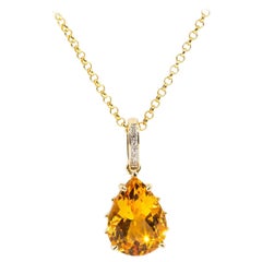 Pear Cut Orange Citrine and Diamond 9 Carat Yellow Gold Pendant with Gold Chain