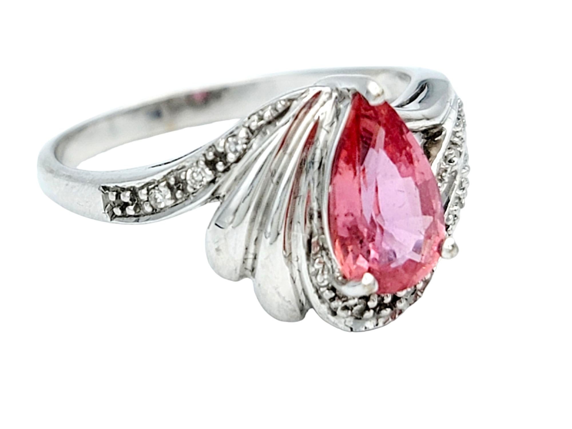 Contemporary Pear Cut Padparadscha Sapphire and Diamond Asymmetrical Ring 18 Karat White Gold