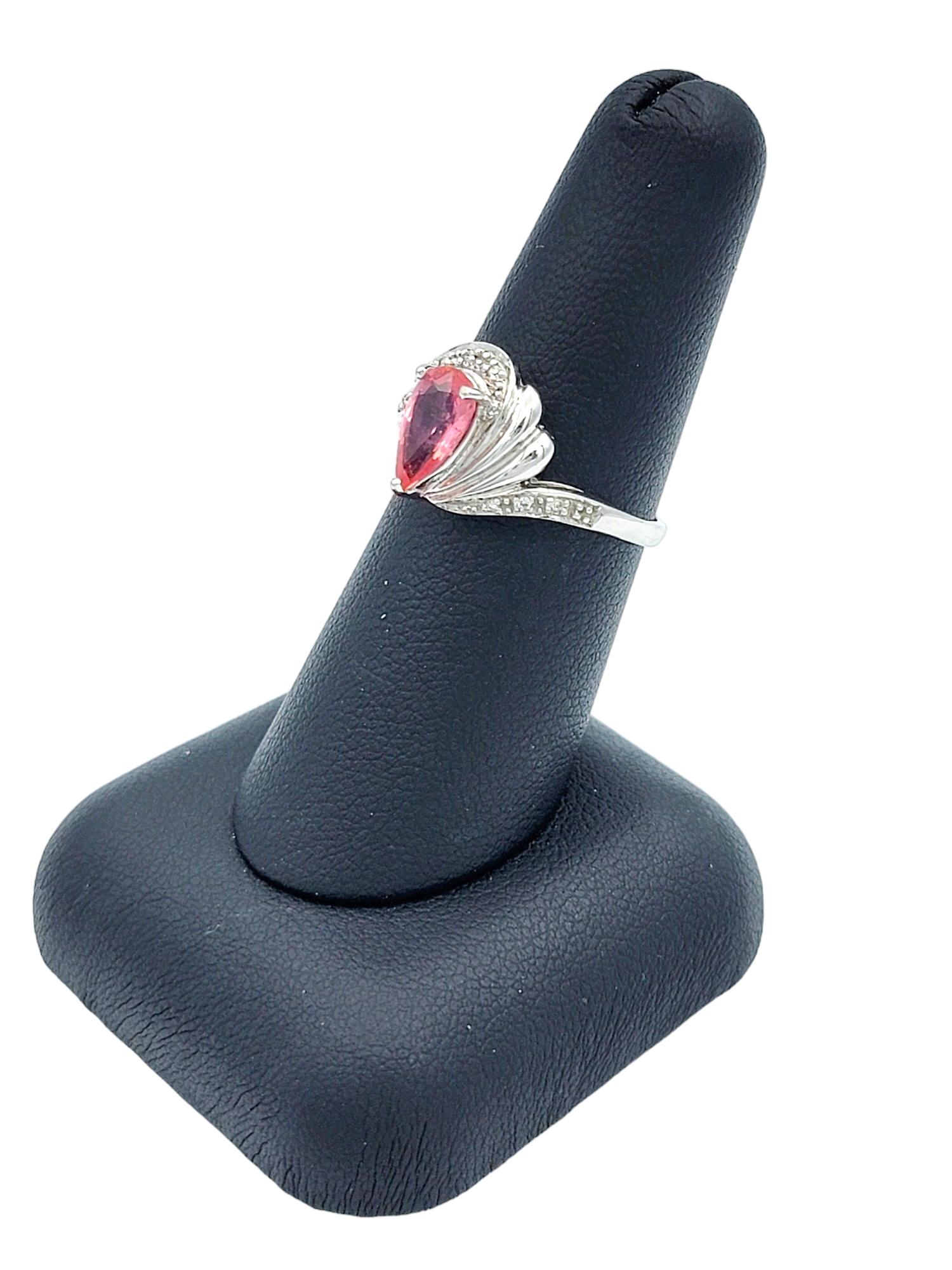 Pear Cut Padparadscha Sapphire and Diamond Asymmetrical Ring 18 Karat White Gold 2