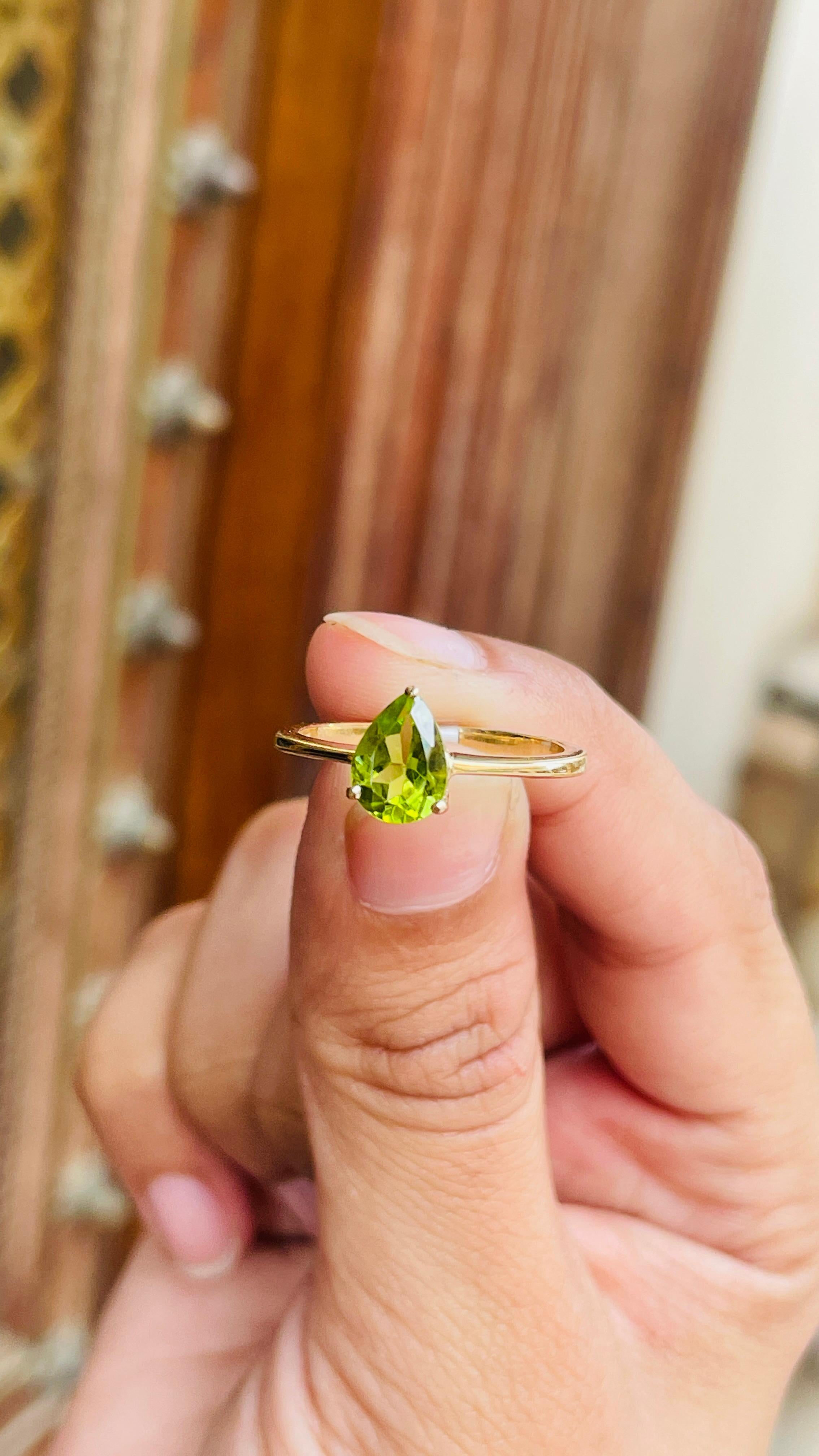 For Sale:  Pear Cut Peridot Solitaire Ring in 14K Yellow Gold 10