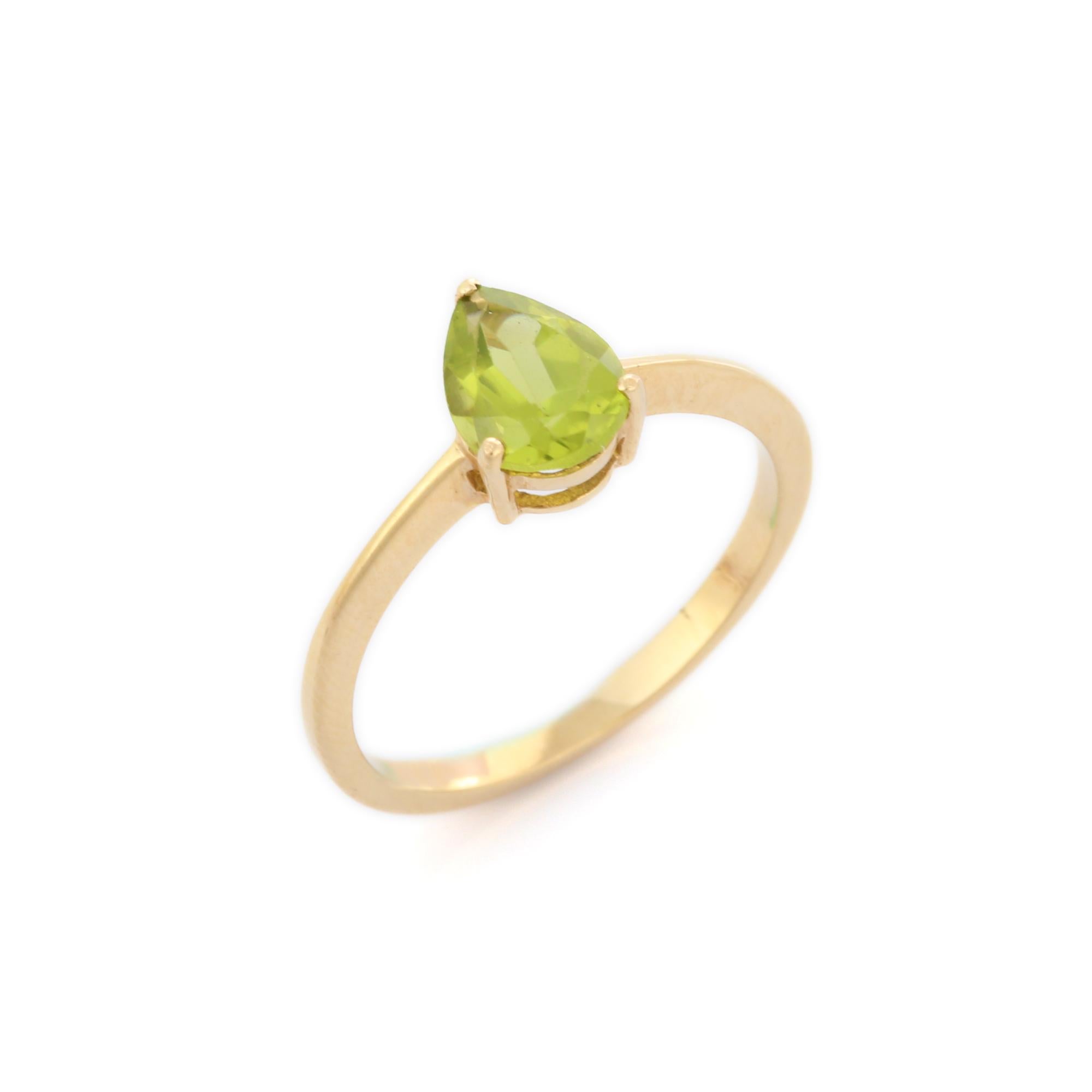 For Sale:  Pear Cut Peridot Solitaire Ring in 14K Yellow Gold 5