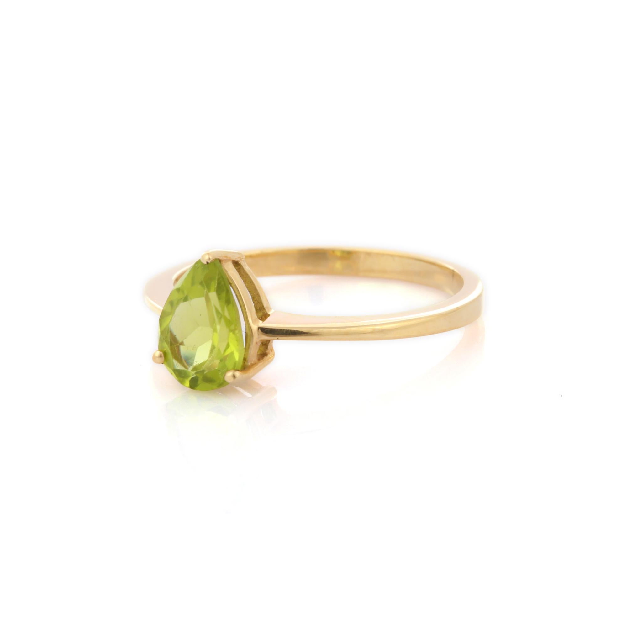 For Sale:  Pear Cut Peridot Solitaire Ring in 14K Yellow Gold 9