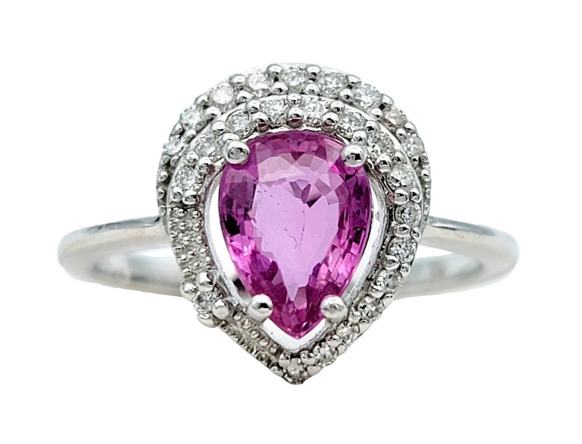 Pear Cut Pink Sapphire and Diamond Halo Cocktail Ring Set in 18 Karat White Gold