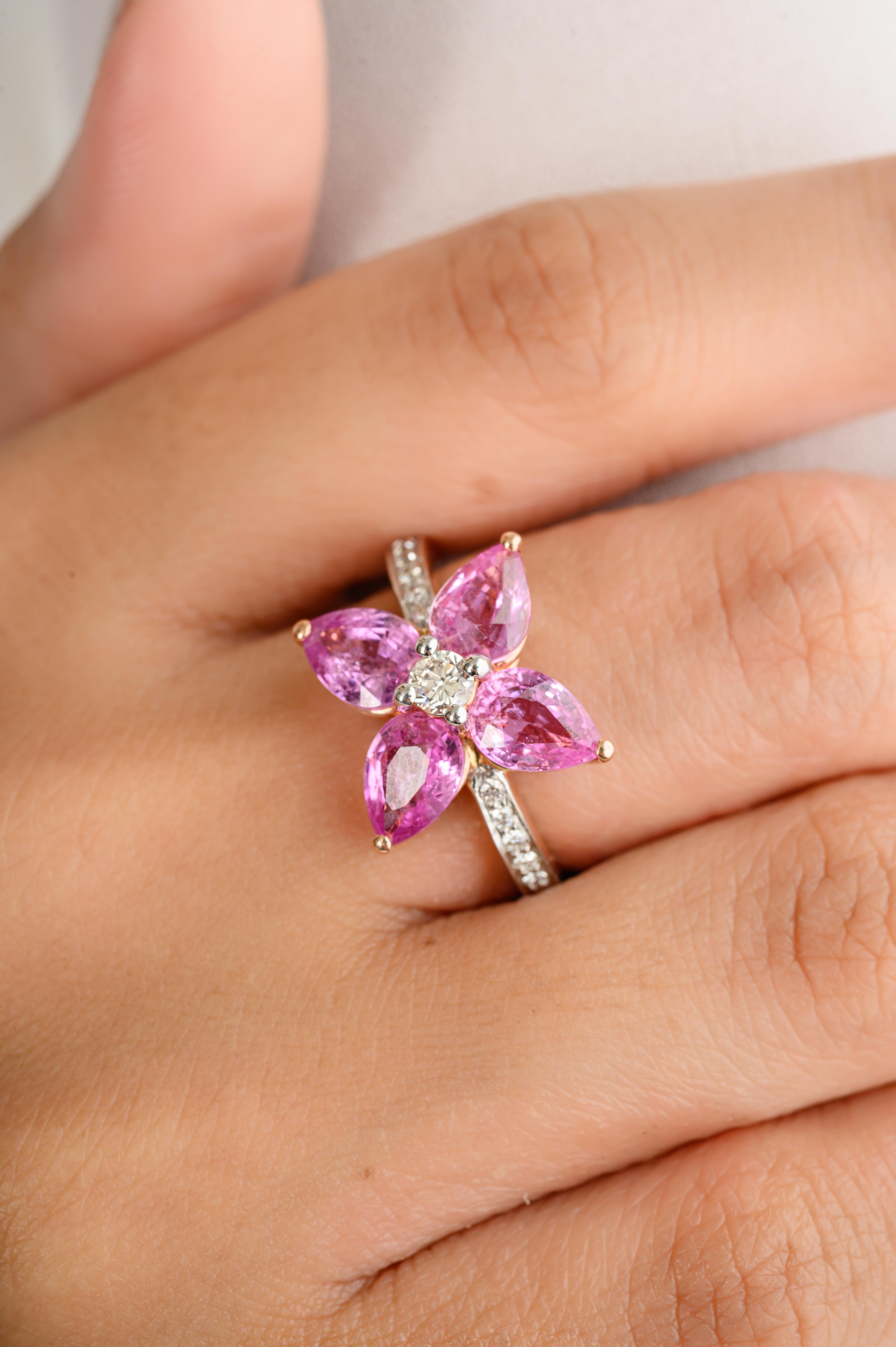 For Sale:  Pear Cut Pink Sapphire Diamond Floral Ring for Wedding in 14k Solid Rose Gold 10