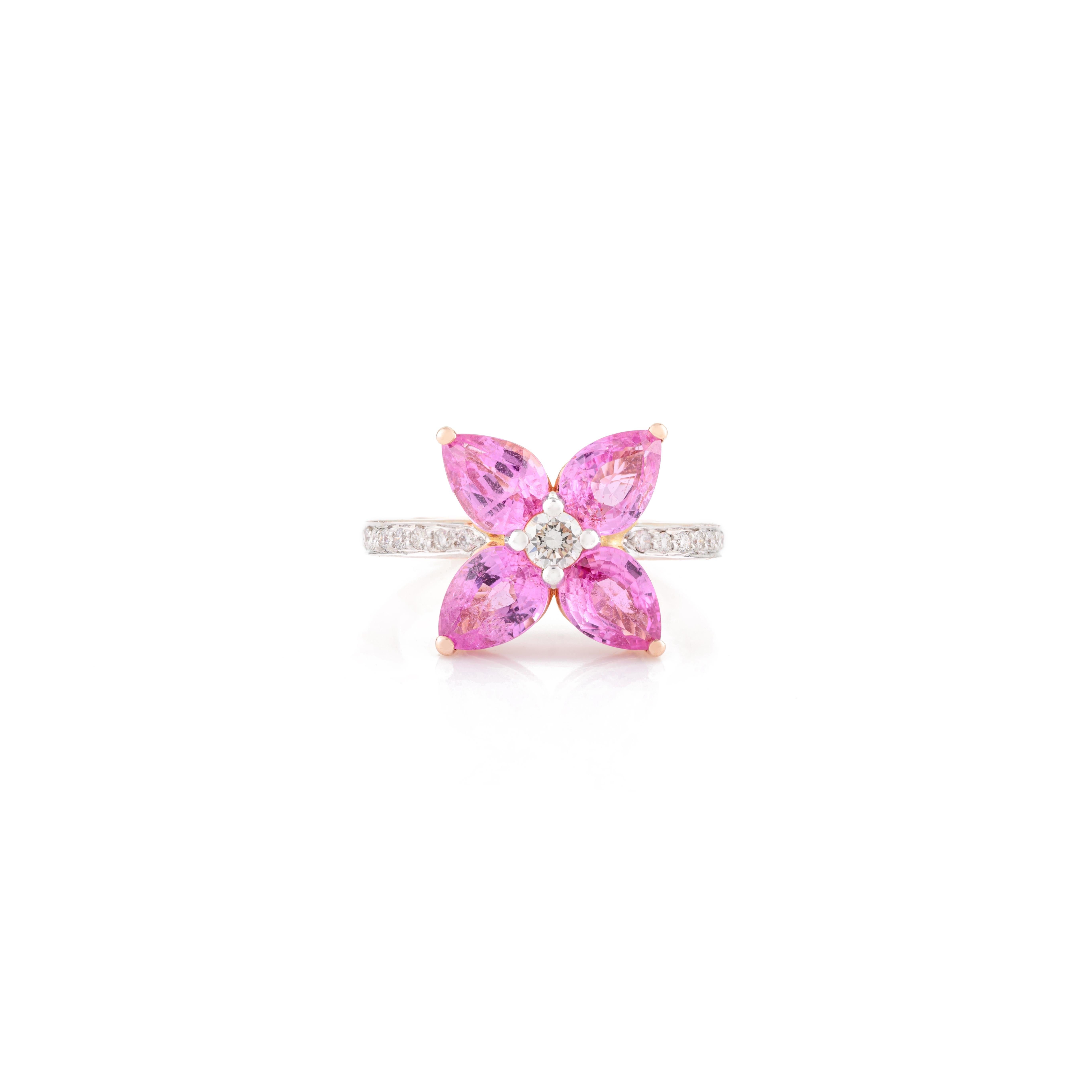 For Sale:  Pear Cut Pink Sapphire Diamond Floral Ring for Wedding in 14k Solid Rose Gold 3