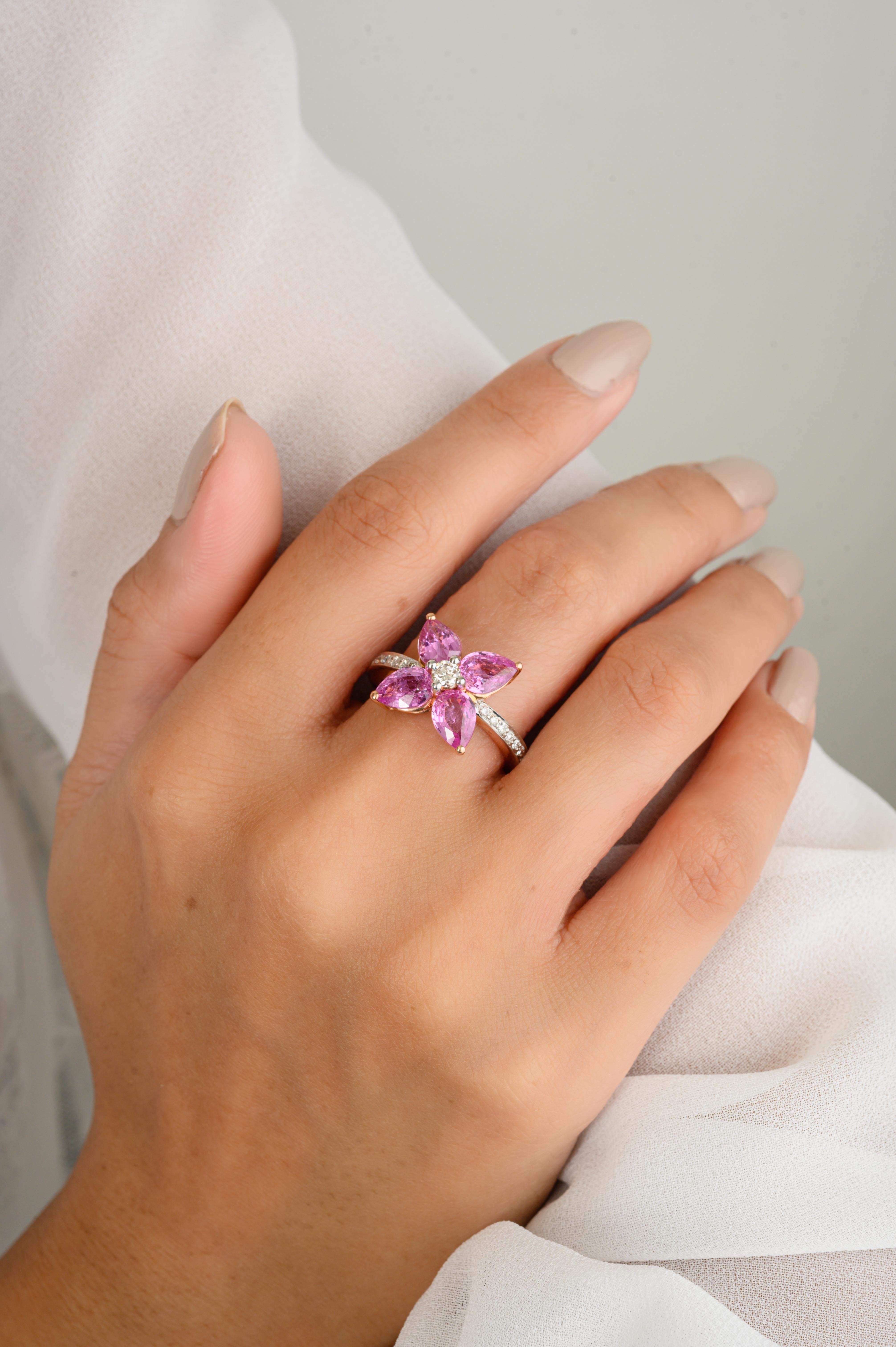 For Sale:  Pear Cut Pink Sapphire Diamond Floral Ring for Wedding in 14k Solid Rose Gold 4