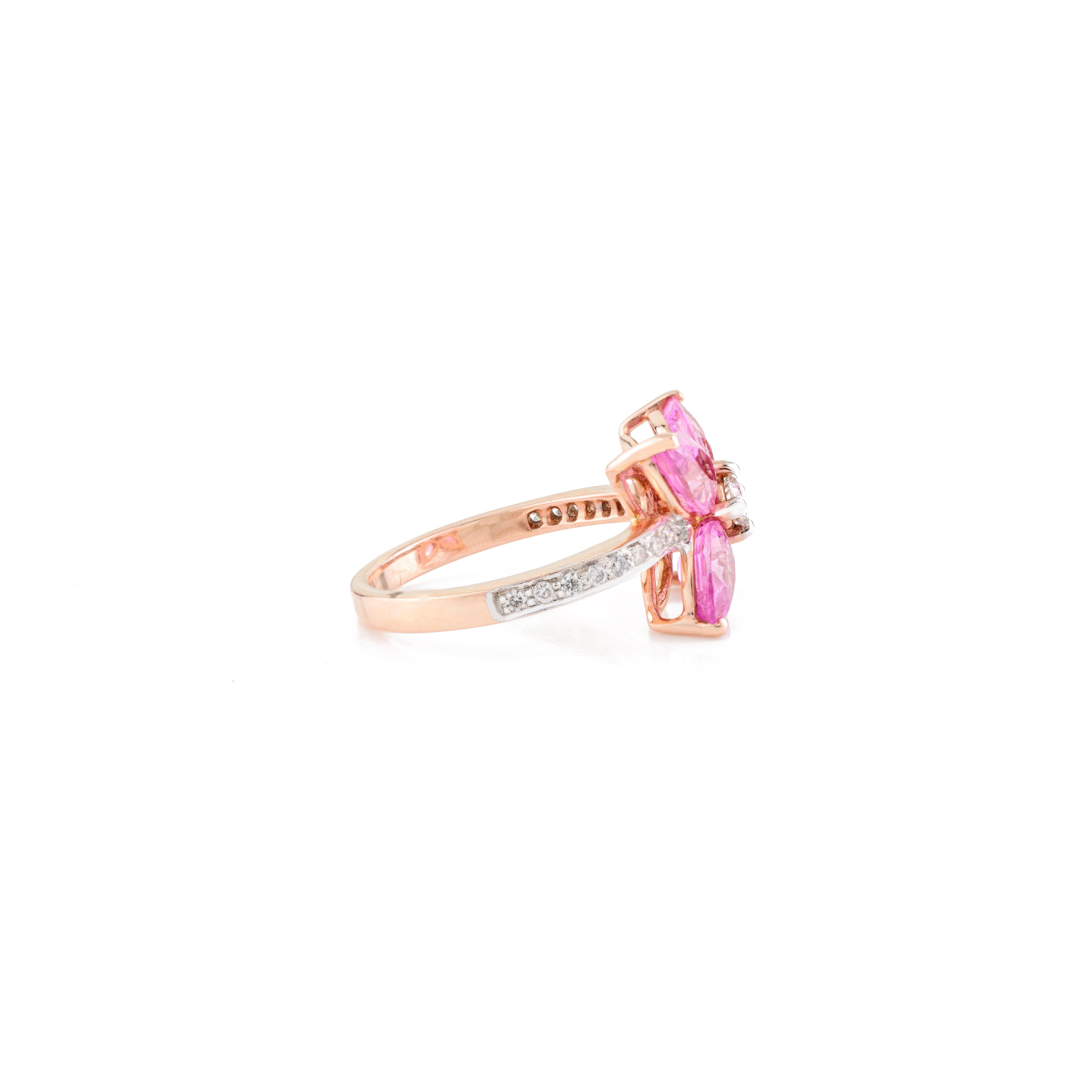 For Sale:  Pear Cut Pink Sapphire Diamond Floral Ring for Wedding in 14k Solid Rose Gold 5