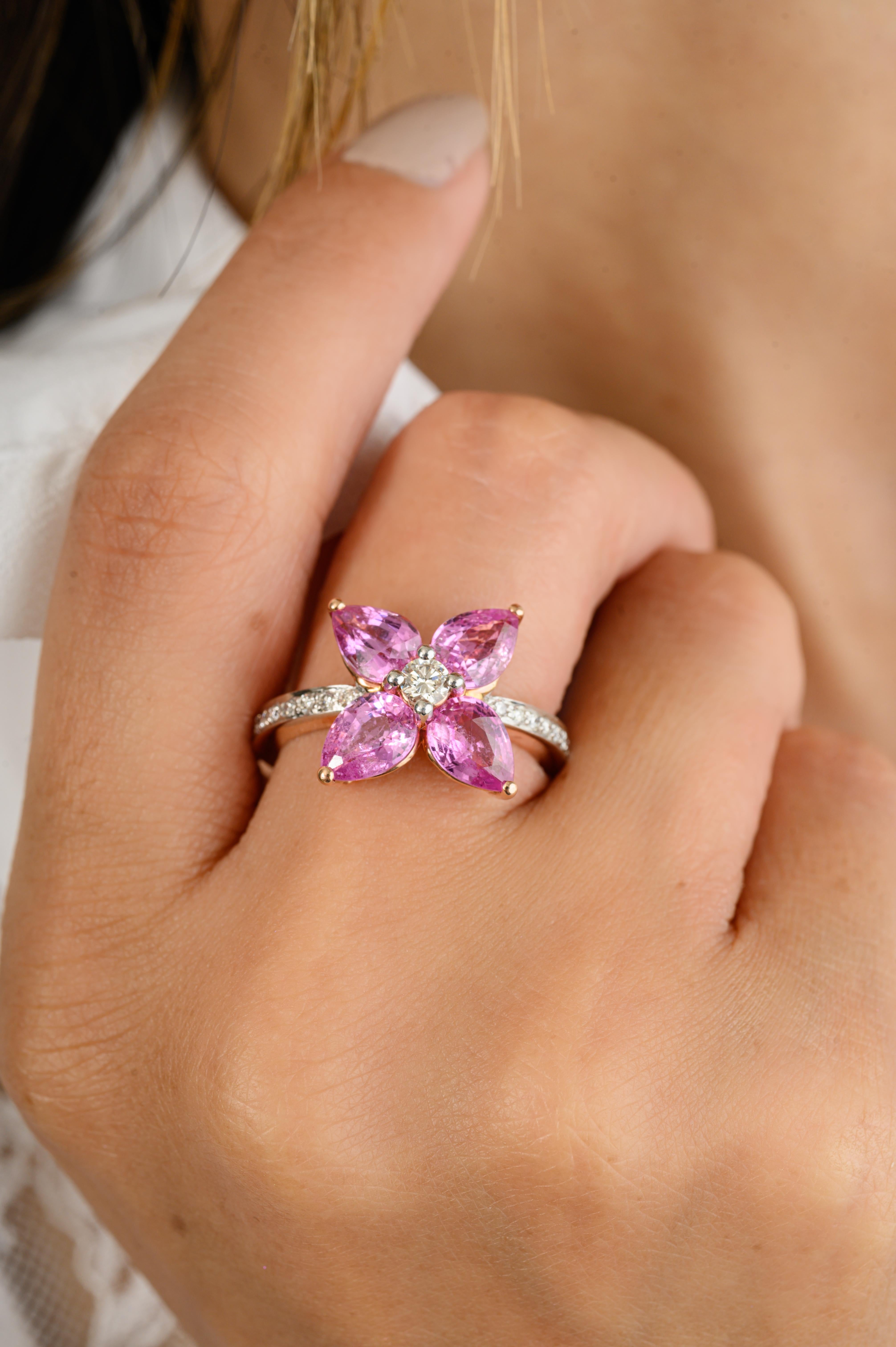 For Sale:  Pear Cut Pink Sapphire Diamond Floral Ring for Wedding in 14k Solid Rose Gold 6