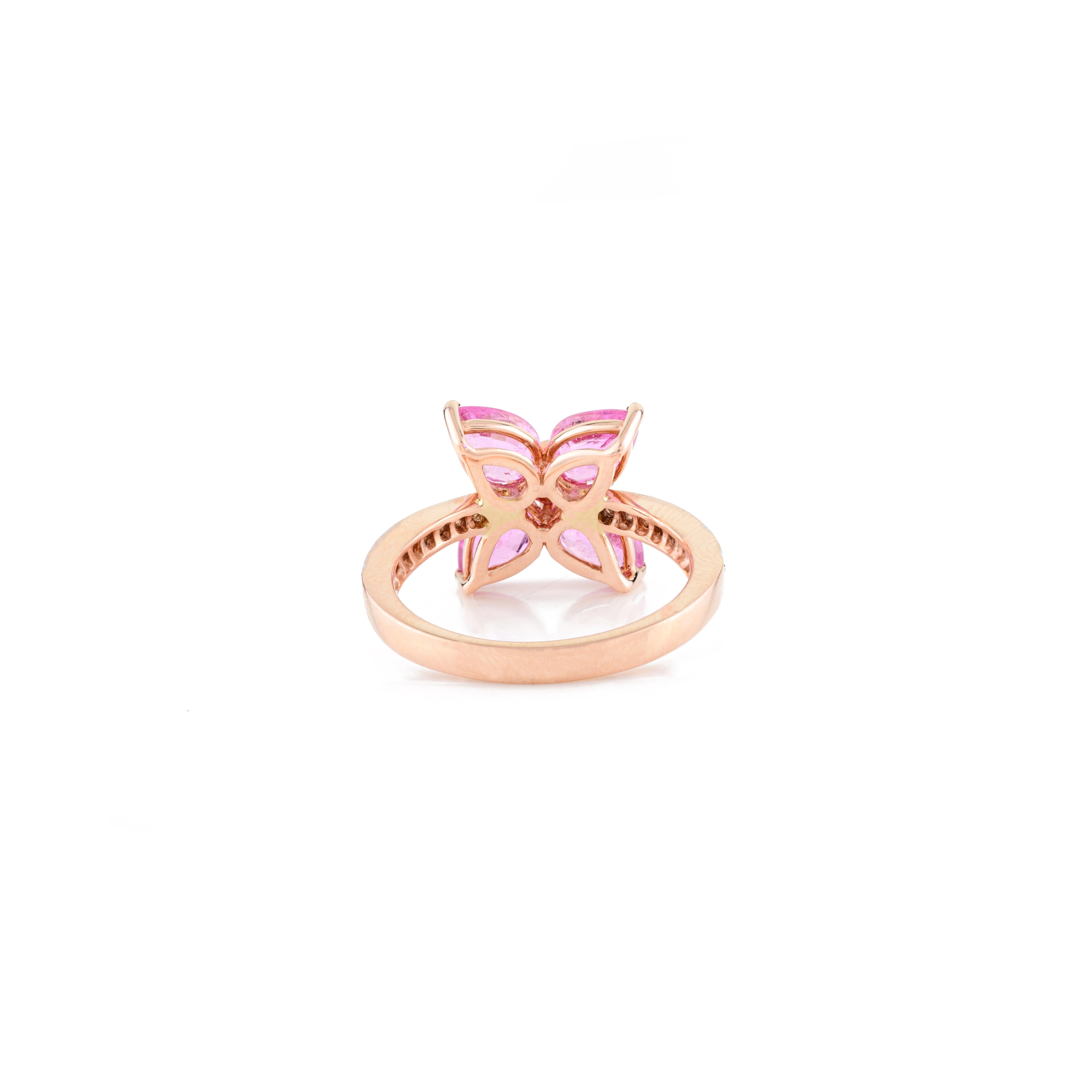 For Sale:  Pear Cut Pink Sapphire Diamond Floral Ring for Wedding in 14k Solid Rose Gold 7