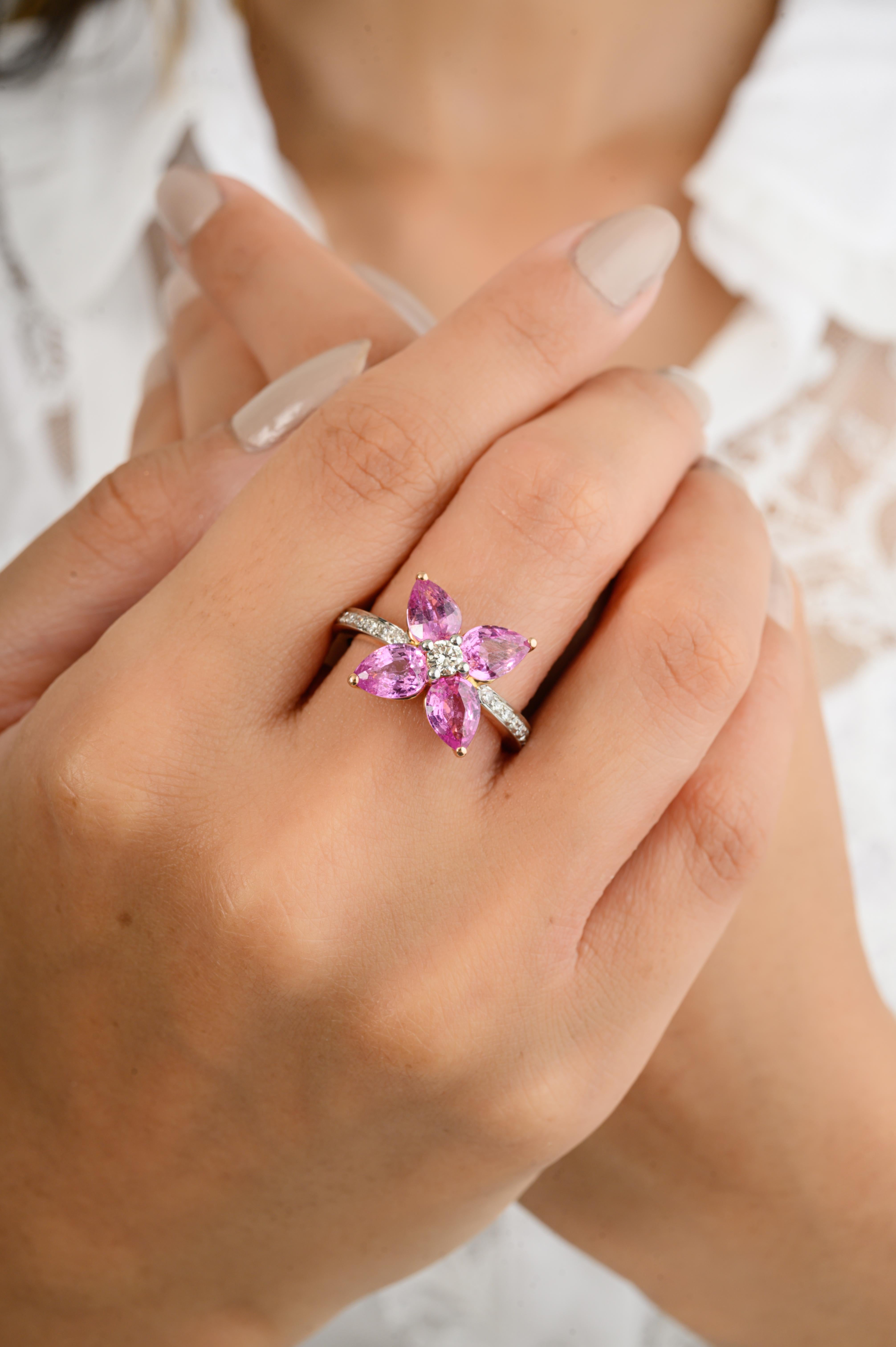 For Sale:  Pear Cut Pink Sapphire Diamond Floral Ring for Wedding in 14k Solid Rose Gold 8