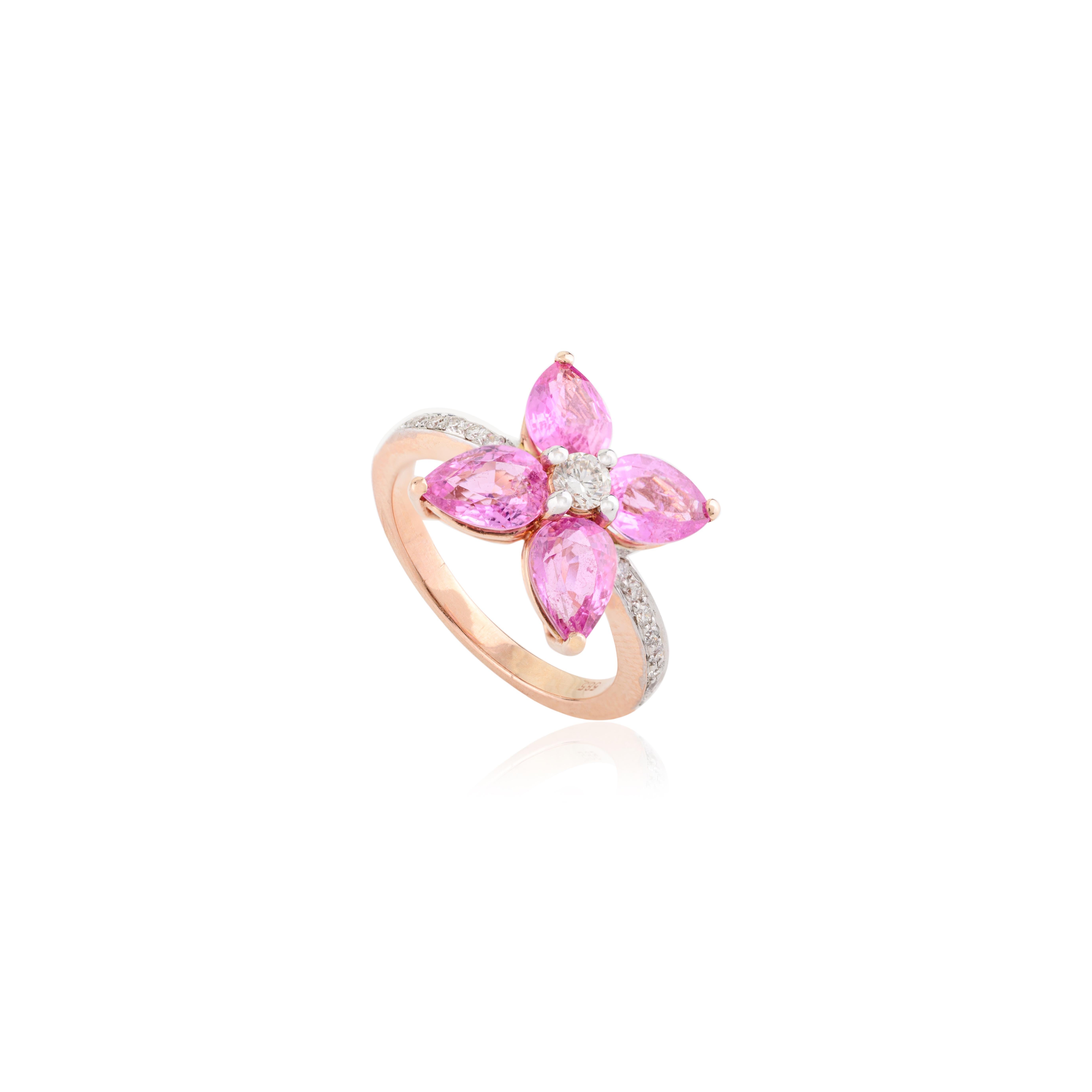 For Sale:  Pear Cut Pink Sapphire Diamond Floral Ring for Wedding in 14k Solid Rose Gold 9