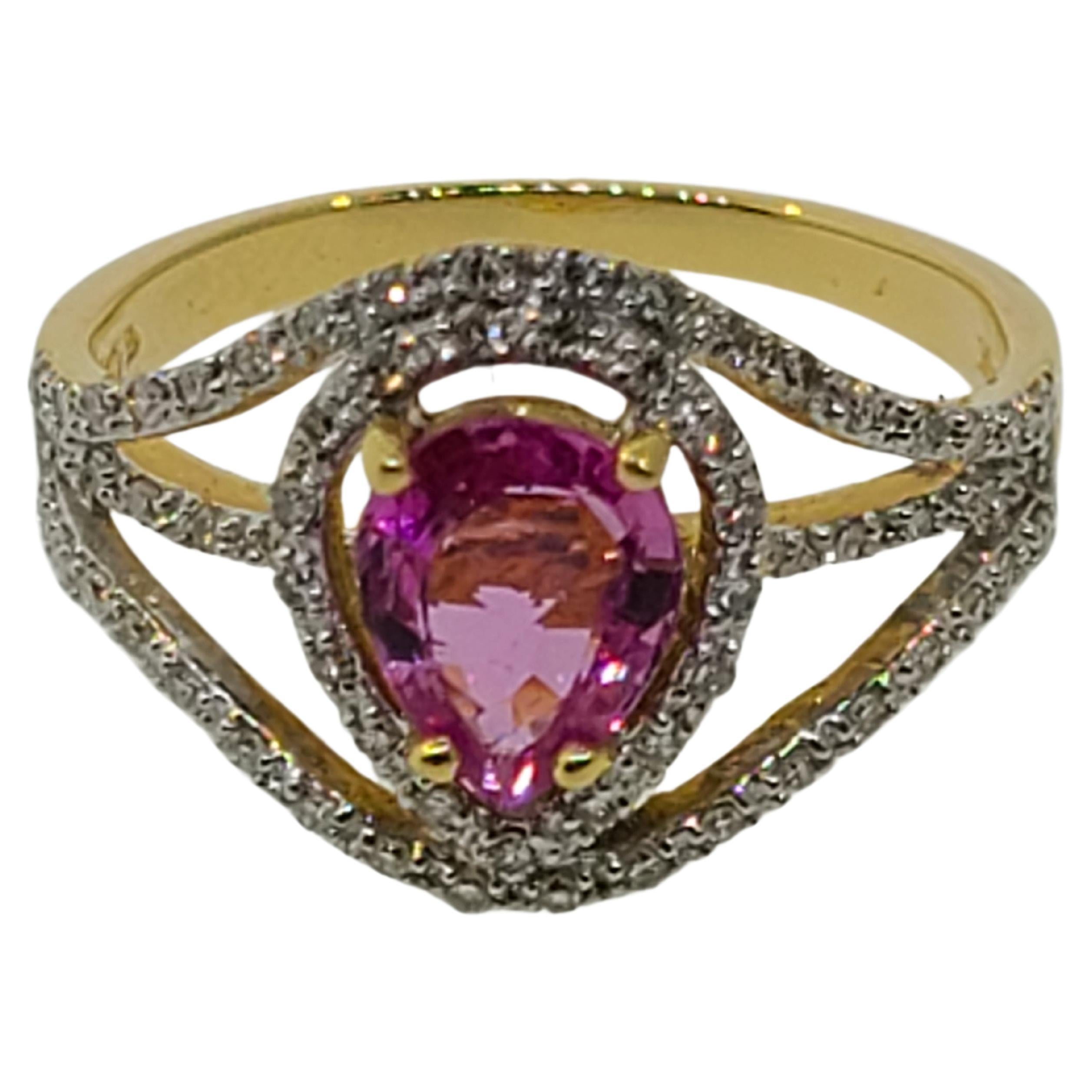Pear Cut Pink Sapphire Diamond Halo 18k Yellow Gold Ring